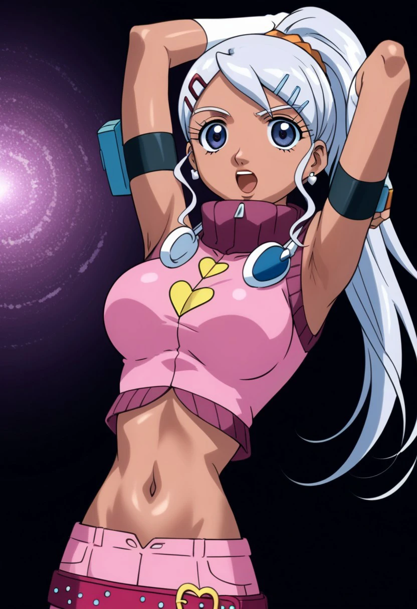 score 9, score 8 up, score 7 up, masterpiece_portrait, high quality, anime coloring, bakugan, julie makimoto, 1girl, solo, dark skin, dark-skinned female, midriff, hairclip, navel, hair ornament, long hair, belt, armpits, gloves, ponytail, arms up, white hair, breasts, fingerless gloves, open mouth