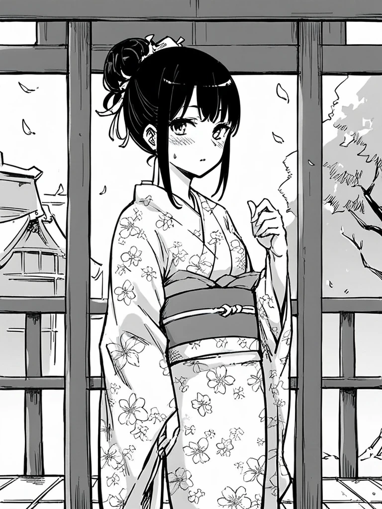 score_9, score_8_up, score_7_up, 
1girl, monochrome, yotsuya miko, black hair, 

hair bun, 
kimono, floral print, wide sleeves, standing, blush, looking at viewer, shrine, upper body,