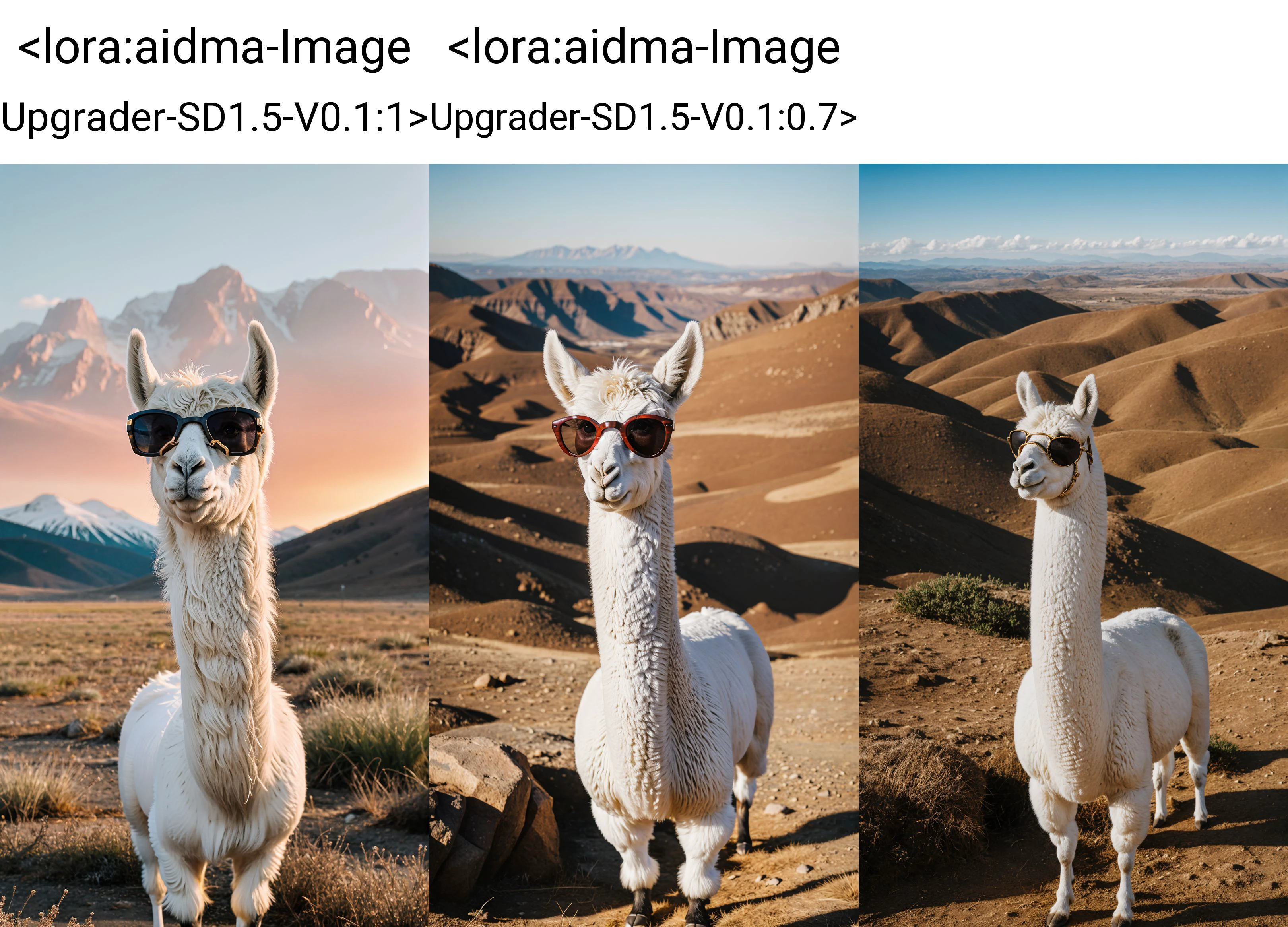 A painting of a glowing llama wearing sunglasses and a gold chain, standing on a mountain peak under a neon sun
<lora:aidma-Image Upgrader-SD1.5-V0.1:1> detailmaximizer, photo, realistic