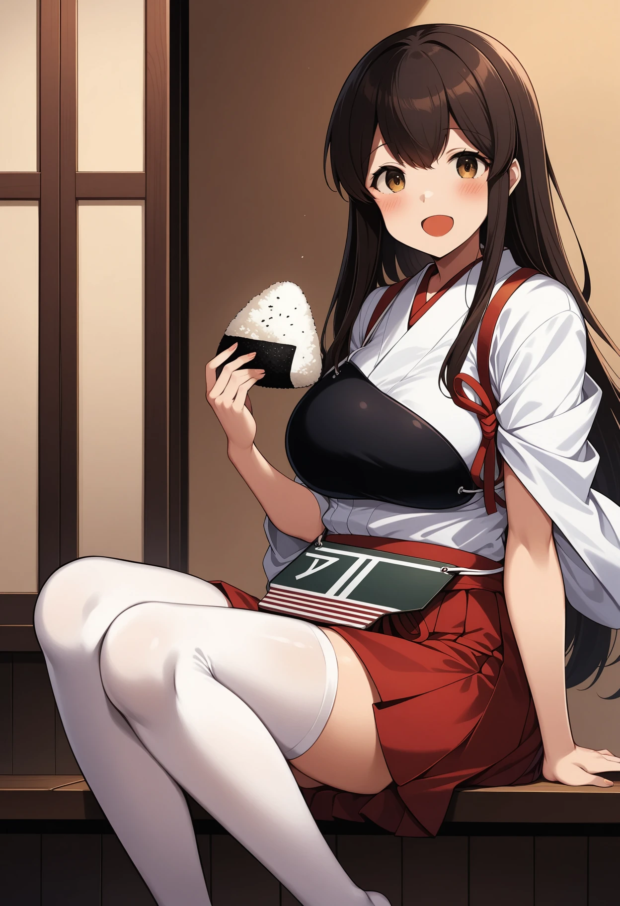 (masterpiece, best quality, very aesthetic, ultra detailed), intricate details, 4k, aaakagi, long hair, brown hair, brown eyes, japanese clothes, muneate, tasuki, hakama skirt, red hakama, white thighhighs, <lora:akagi_(kancolle)_animagine_v1:0.9>, sitting, indoors, onigiri, eating, holding food, smile, open mouth,