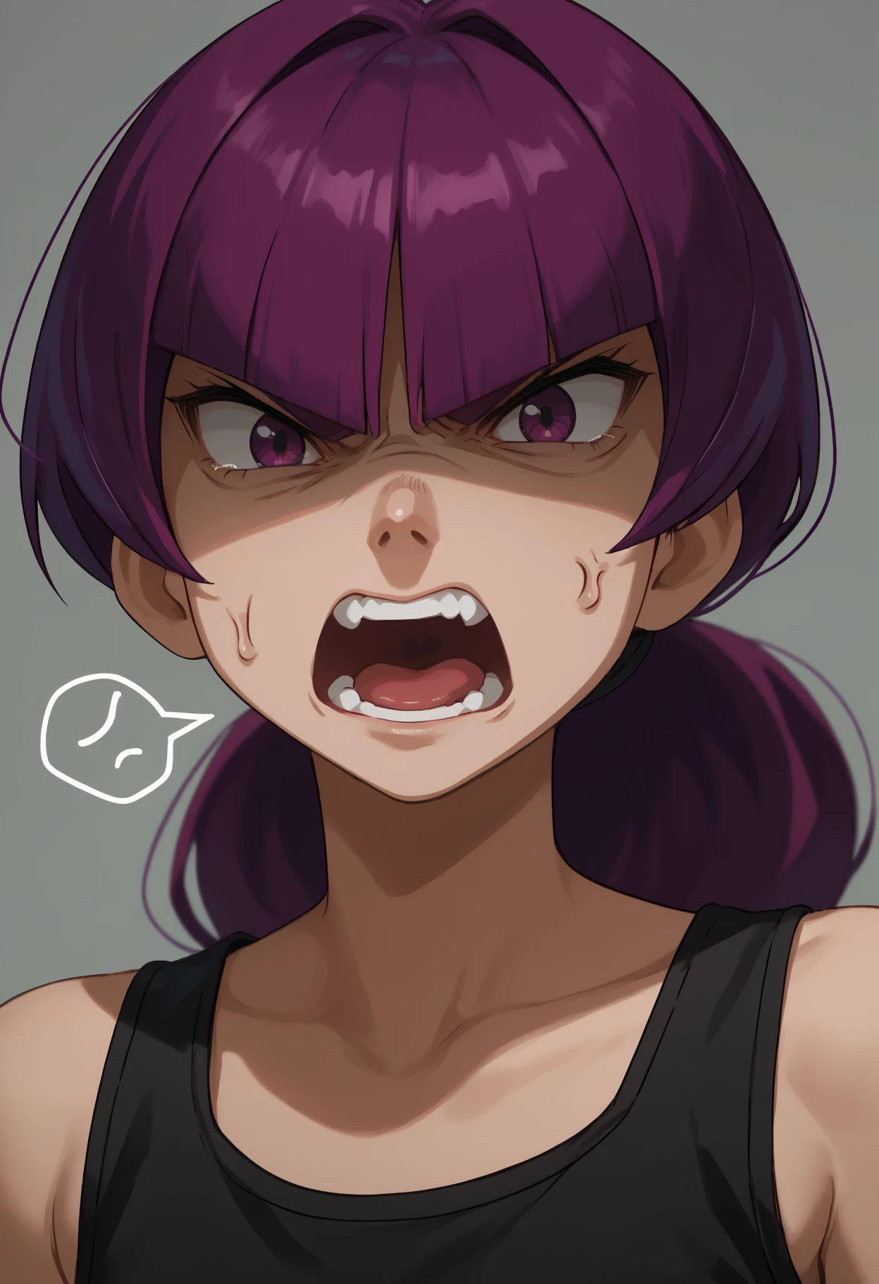 score_9, score_8_up,score_7_up, source_anime, 1girl, solo, <lora:Jptr_pdxl_EliPot:1>, gingadanjupiter, purple hair, purple eyes, medium hair,
 black tank top, portrait, shaded face, angry, screaming, anger vein, spoken anger vein,