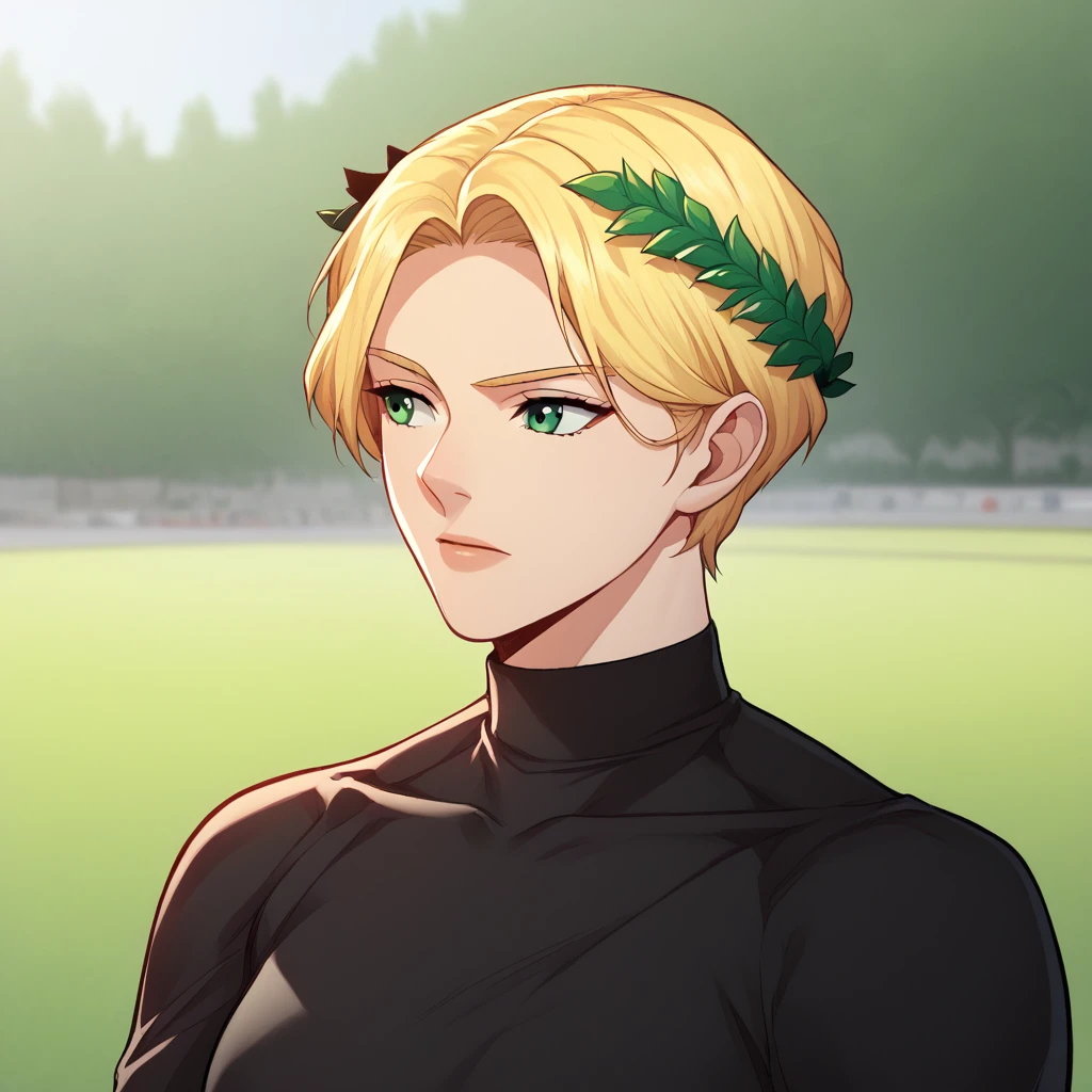 score_9_up, score_8_up, BREAK, 1girl, solo, blonde hair, short hair, green eyes, laurel crown, black shirt, upper body, outdoors, depth of field,  <lora:LaurelCrown_PXL_Leaf:1>,  <lora:Manhwa_Style_PXL_Leaf2:1>, manhwa