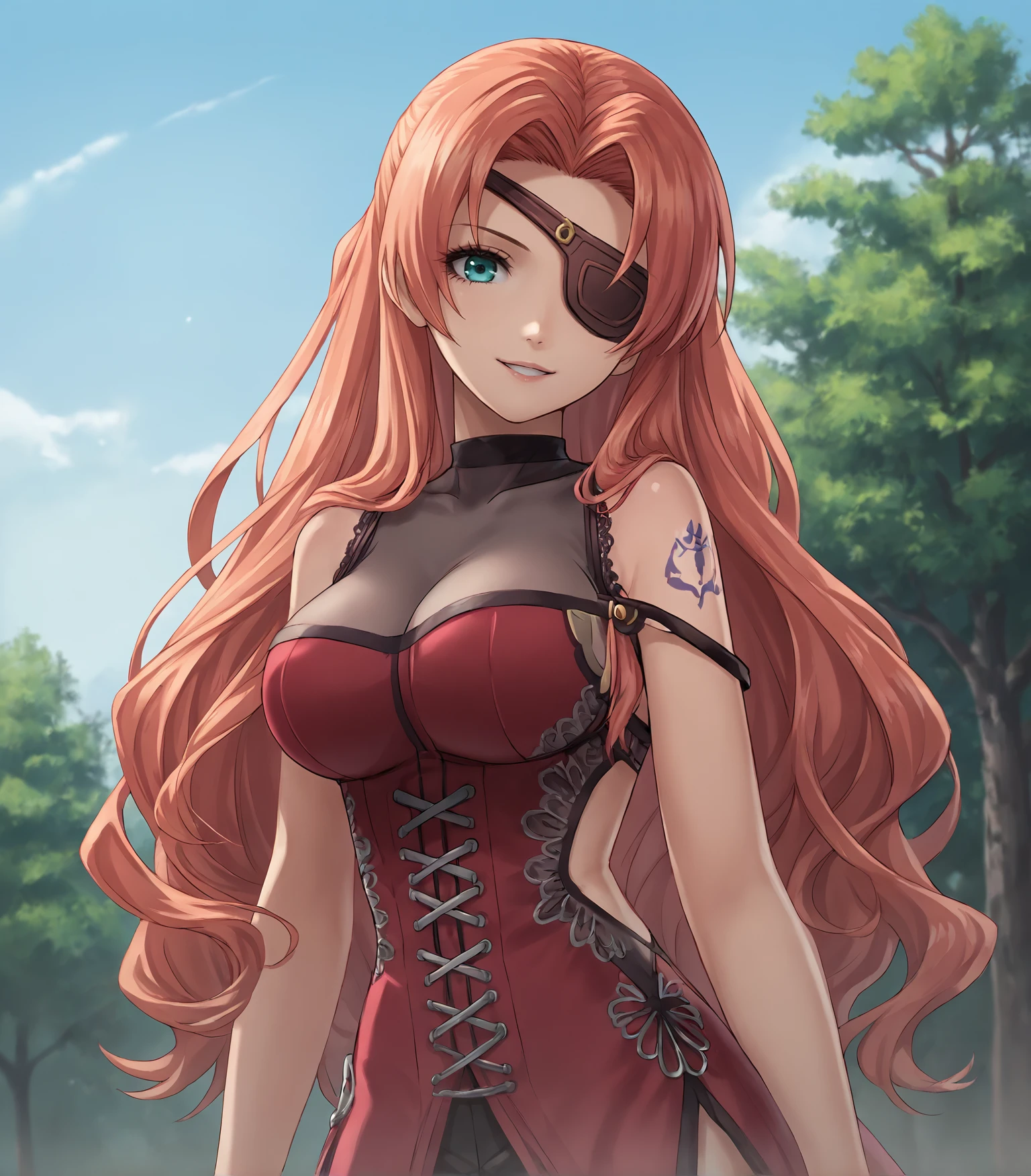 score_9, score_8_up, score_7_up, score_6_up, score_5_up, score_4_up, BREAK source_anime,
1girl, solo,  <lora:ScarletCS1:0.9>, Scarlet, aqua eyes, eyepatch, red hair, long hair, hair over shoulder, large breasts, shoulder tattoo, red dress, black miniskirt, thigh boots,
upper body, portrait, looking at viewer, smile, outdoors, sky, trees, 
<lora:Racoonkun_Artist_Style:0.6>, racoonsan,,