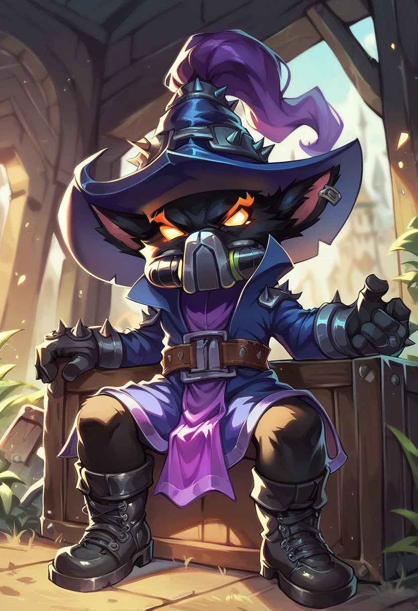 score_9, score_8_up, score_7_up, ultra quality, 1boy, yordle, shortstack, veigarxl, omegav, wizard hat, spiky, wizard mantle, gas mask, military coat, belt, poach, black fur, glowing eyes, sitting, on crate, green lush background, angry, boots,