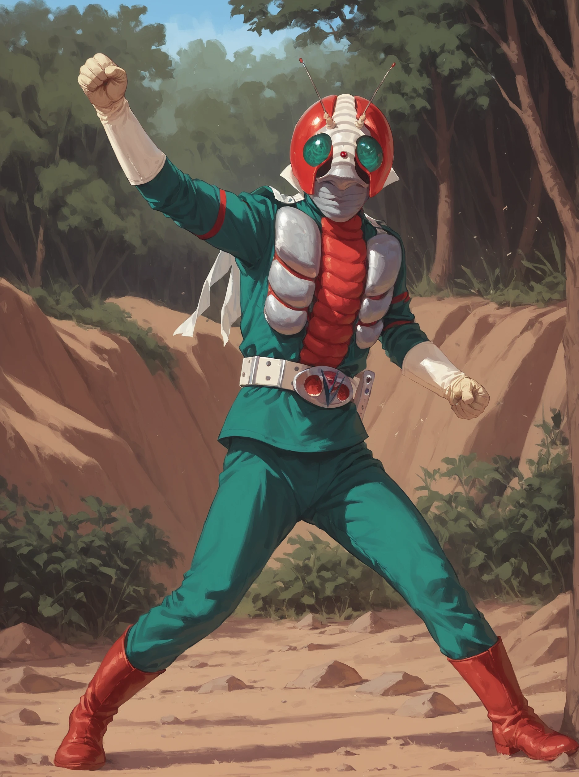 score_9, score_8_up, score_7_up, masterpiece, kamen rider, 1boy, solo, male focus, antennae, helmet, belt, boots  outdoor, <lora:sn0wStyle:1> <lora:HKHorrorXL:1> , desert forest,  fight pose, <lora:Kamen_Rider_V3_1973_r1:1>