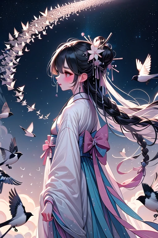 ((magpie bridge)), ((birds flock)), tanabata, cloud, high sky, starry sky, colorful sky, fog, weaver girl, flying, light pink hanfu, long hair, braids, hair flower, hair ornament, necklace, earrings, flying, floating hair, wind, big tits, <lora:girllikemagpiebridge:1>