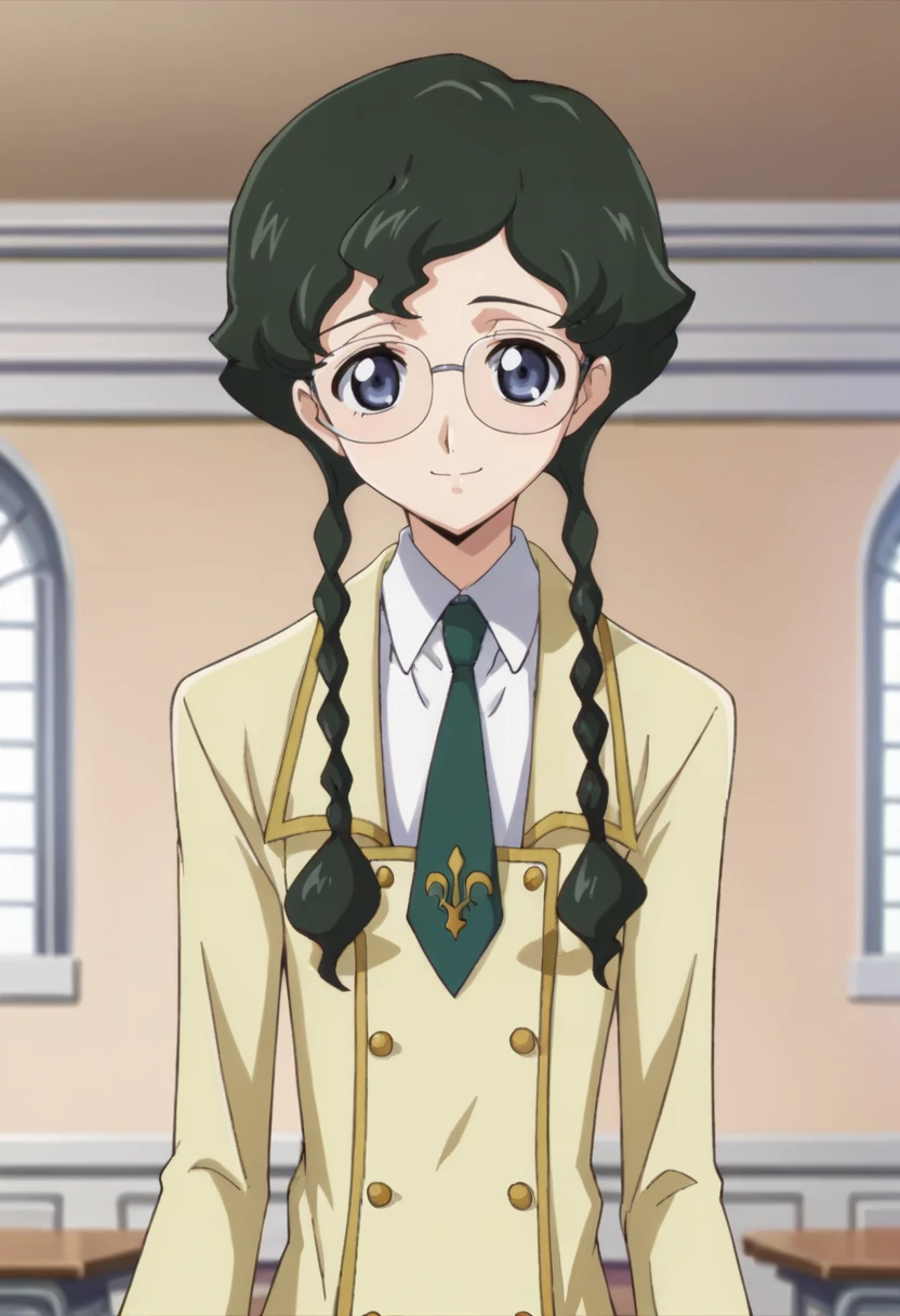 score_9,score_8_up,score_7_up,anime coloring BREAK source_anime,anime,<lora:Nina_Einstein_Code_Geass:0.8>,ninar1,1girl,solo,blue eyes,green hair,braid,twin braids,glasses,necktie,skirt,ashford academy school uniform,standing,indoors,front view,looking at viewer,smile,portrait,