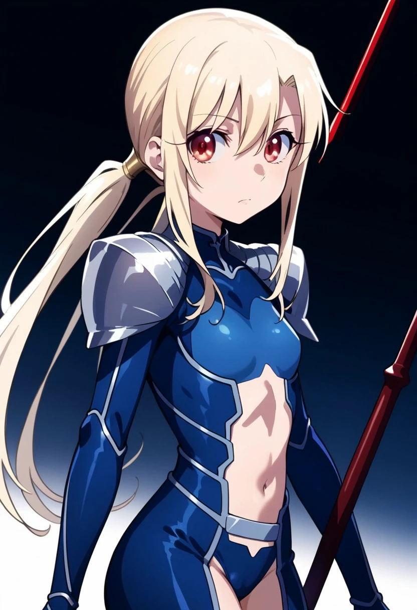 score 9, score 8 up, score 7 up, masterpiece_portrait, high quality, anime coloring, fate kaleid liner prisma illya, illyasviel von einzbern, illya lancer, lancer, 1girl, gae bolg (fate), solo, long hair, low ponytail, navel, cosplay, red eyes, weapon, ponytail, polearm, looking at viewer, bodysuit, armor, spear, hair between eyes, shoulder armor, bangs, closed mouth, small breasts, pauldrons, blonde hair, blue bodysuit, breasts