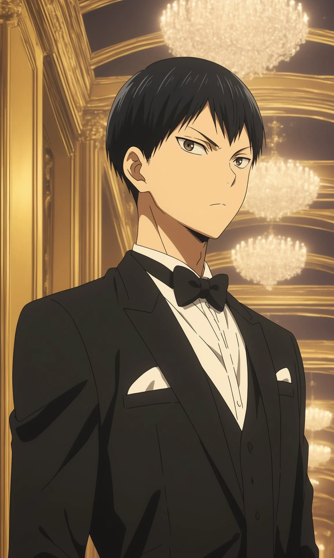 1boy, Tobio Kageyama from Haikyuu!!, BREAK source_anime , best quality,   wearing a black tuxedo with a bow tie, formal setting,  elegant lighting, evening atmosphere, detailed background  ,  <lora:tuxedo:0.6>