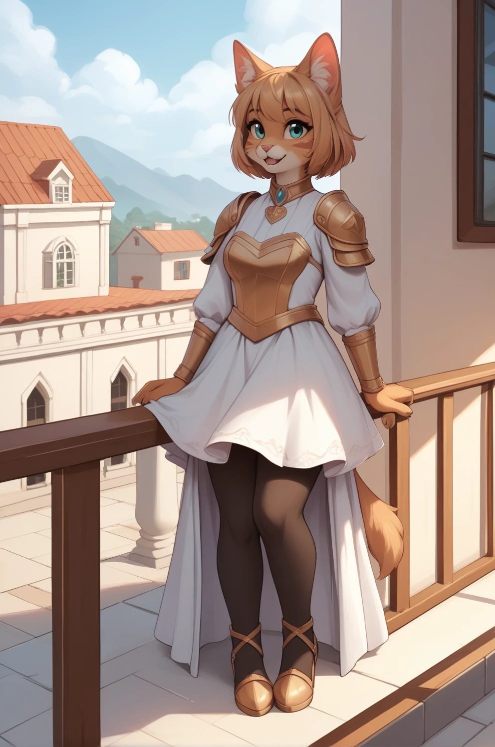 ,score_9, score_8_up, score_7_up,score_6_up, source_furry, Furry Mix PDXL, Cute furry cat girl, anthro,armored_dress , balcony, masterpiece, high quality,