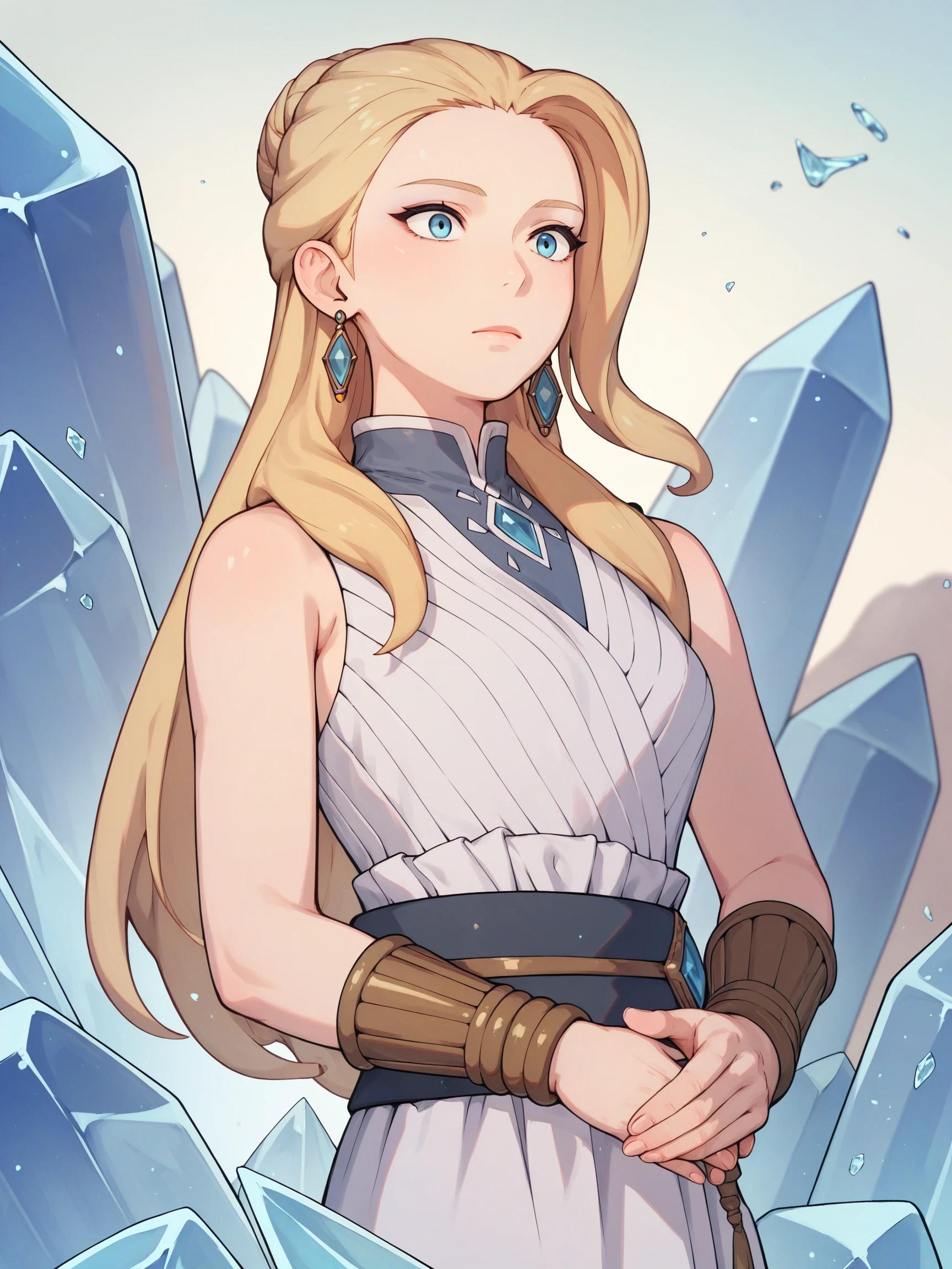 Showcasing control over ice, outdoors, detailed background,

score_9, score_8_up, score_7_up, HumanSalem, 1girl, long hair, blonde hair, blue eyes, human, earrings, jewelry,  white dress, sleeveless, bracer