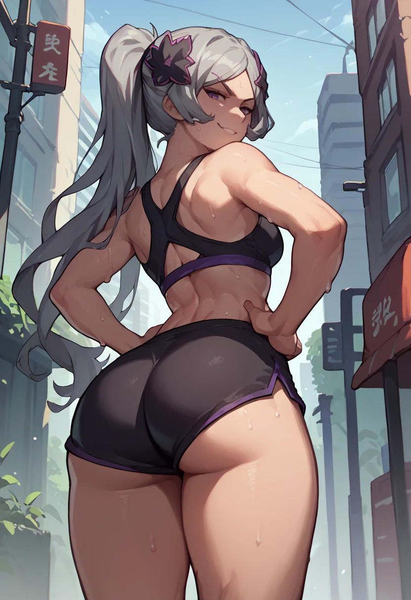 score_9, score_8_up, score_7_up, from behind, solo, 1girl, danmachifreya, sweat, smirk, looking back, hands on own hips, long hair, grey hair, ponytail, hair ornament, purple eyes, black sports bra, black shorts, short shorts, ass, outdoors, city street <segment:yolo-face_yolov8m.pt,0.35,0.5>