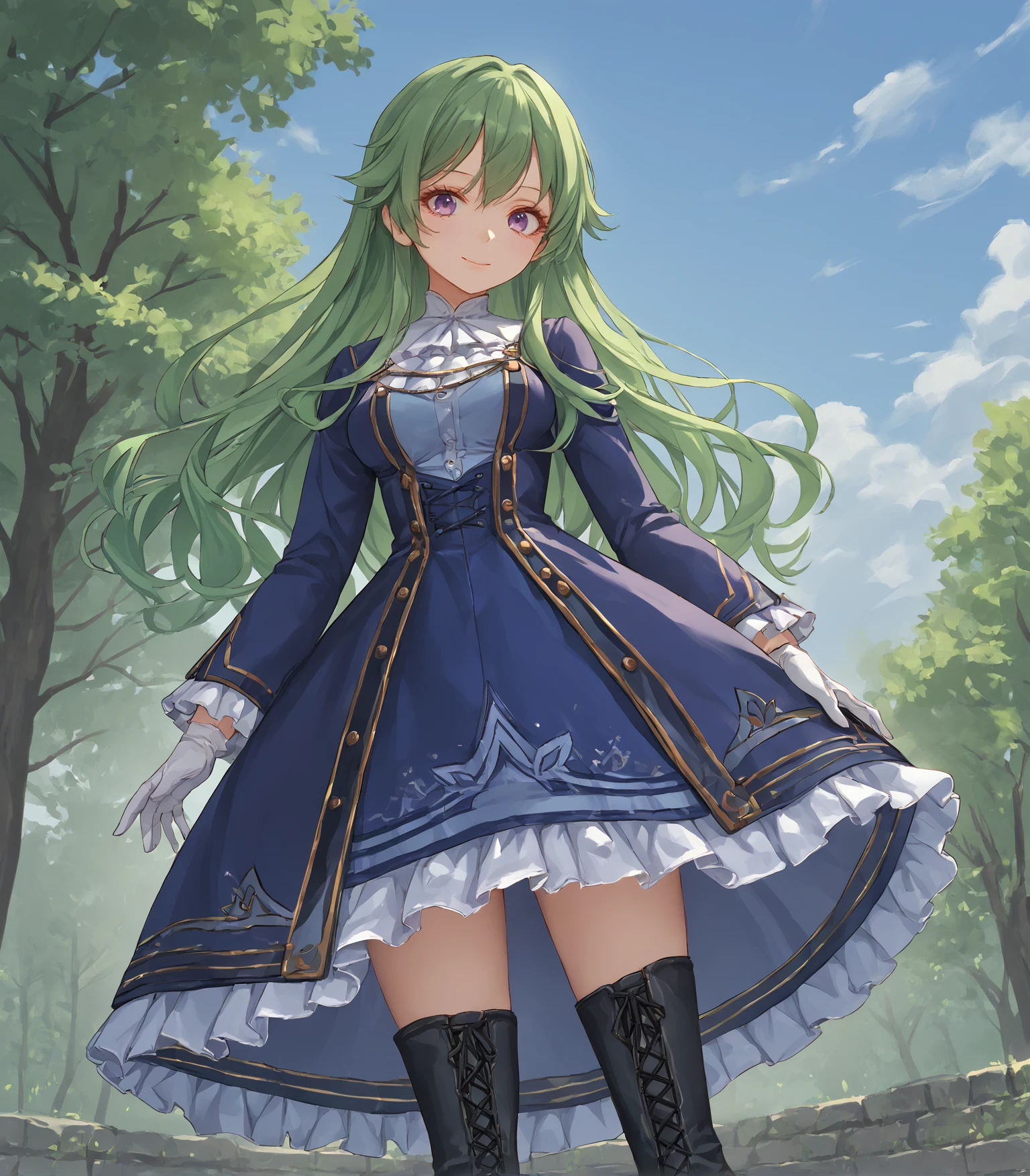 score_9, score_8_up, score_7_up, score_6_up, score_5_up, score_4_up, BREAK source_anime,
1girl, solo,  cowboy shot ,  looking at viewer, smile, outdoors, sky, trees,
<lora:pottsness_style_xl:0.9>, <lora:rhasta:0.6>, 
 <lora:MildineJuzalithDeCayenne:0.9>, Mildine Juzalith de Cayenne, green hair, long hair, purple eyes, medium breasts, blue dress, frills, white gloves, black thigh boots, laced footwear