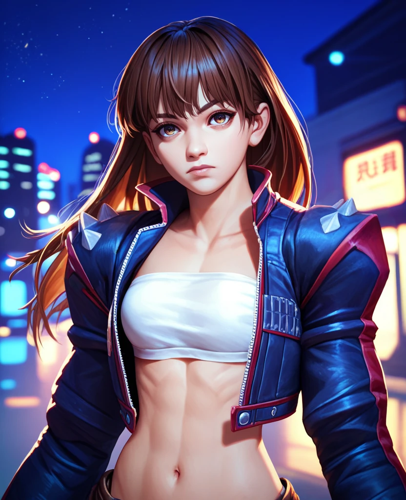 score_9,score_8_up,score_7_up,score_6_up,kirishimanagixl,brown hair,long hair,bangs,cropped jacket,shoulder spikes,tube top,navel,long sleeves,fingerless gloves,standing,looking at viewer,upper body,night,city,<lora:KirishimaNagiXL-F:0.8>,