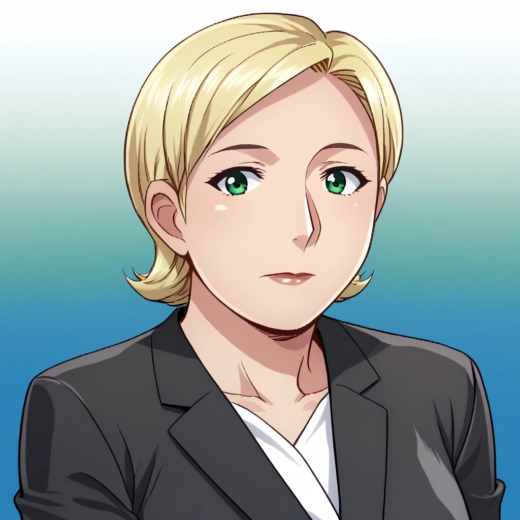 score_9_up, BREAK, 1girl, solo, MarineLepen, blonde hair, short hair, green eyes, simple background, gradient background, <lora:MarineLepen_DJ_PXL_Leaf1:1>, mature female, formal, black suit, upper body,