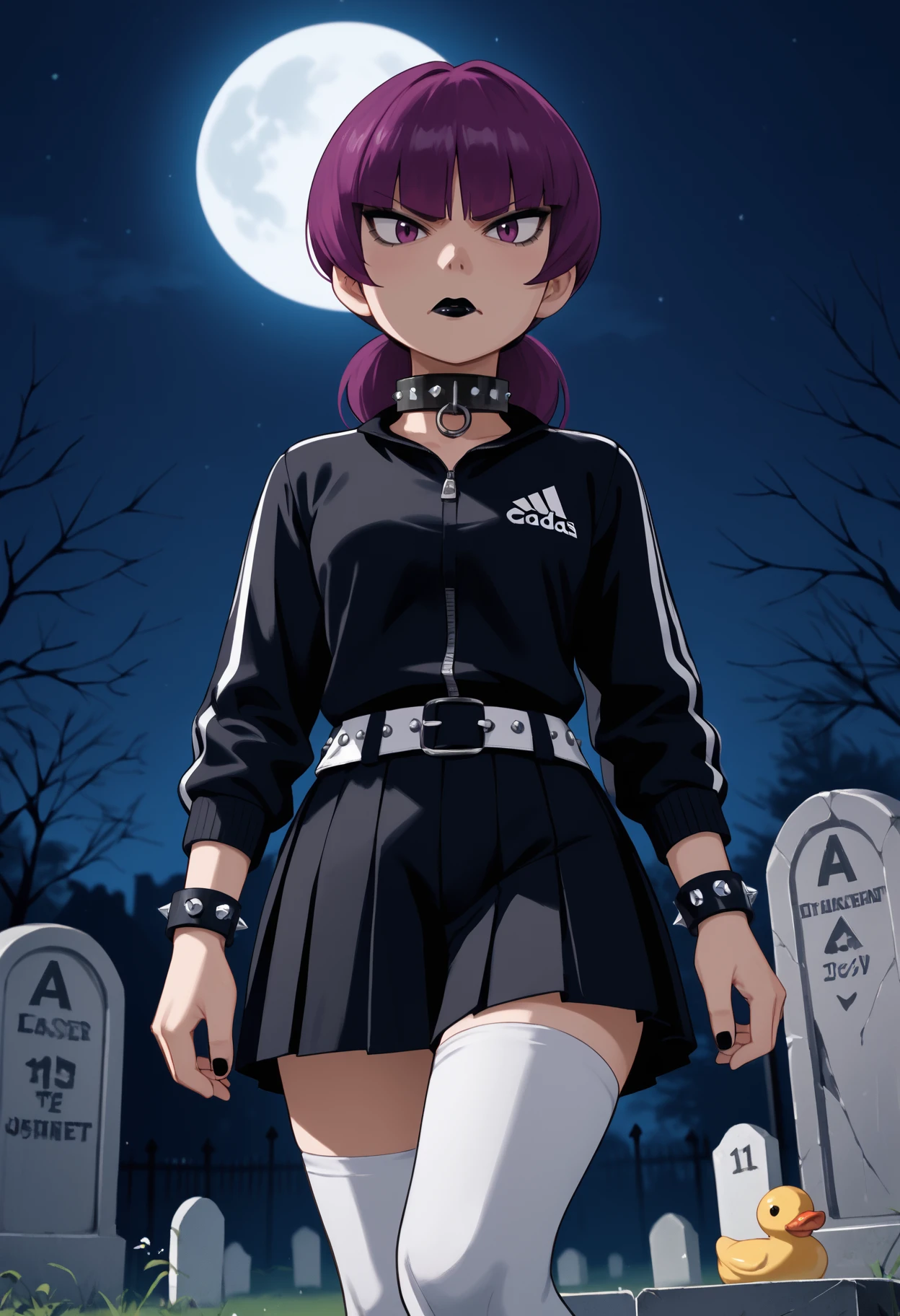 score_9, score_8_up,score_7_up, source_anime, 1girl, solo, <lora:Jptr_pdxl_EliPot:1>, gingadanjupiter, purple hair, purple eyes, medium hair,
 tsundere, :T, flustered, night, tombstone, graveyard, moon, moonlight, spooky, makeup, eyeliner, black lipstick, gothic, sound effects, looking at viewer, kneehighs, white legwear, sneakers, adidas, track suit, black jacket, miniskirt, black skirt, pleated skirt, studded belt, studded bracelet, studded collar, rubber duck, dutch angle,