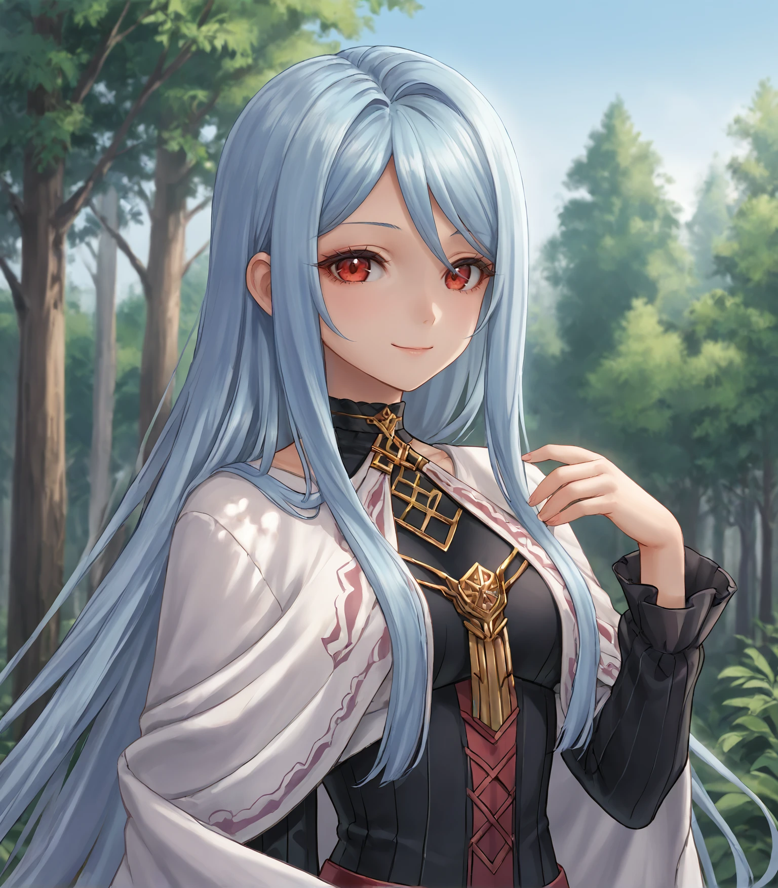 score_9, score_8_up, score_7_up, score_6_up, score_5_up, score_4_up, BREAK source_anime,
1girl, solo,  upper body, portrait ,  looking at viewer, smile, outdoors, sky, trees,
<lora:Racoonkun_Artist_Style:0.6>, racoonsan 
 <lora:Grandmaster:0.9>, Grandmaster, blue hair, long hair, very long hair, red eyes, medium breasts, white shawl, white cloak, black dress, long sleeves, ruffles, jewelry, choker, pantyhose, red high heels, pelvic curtain,