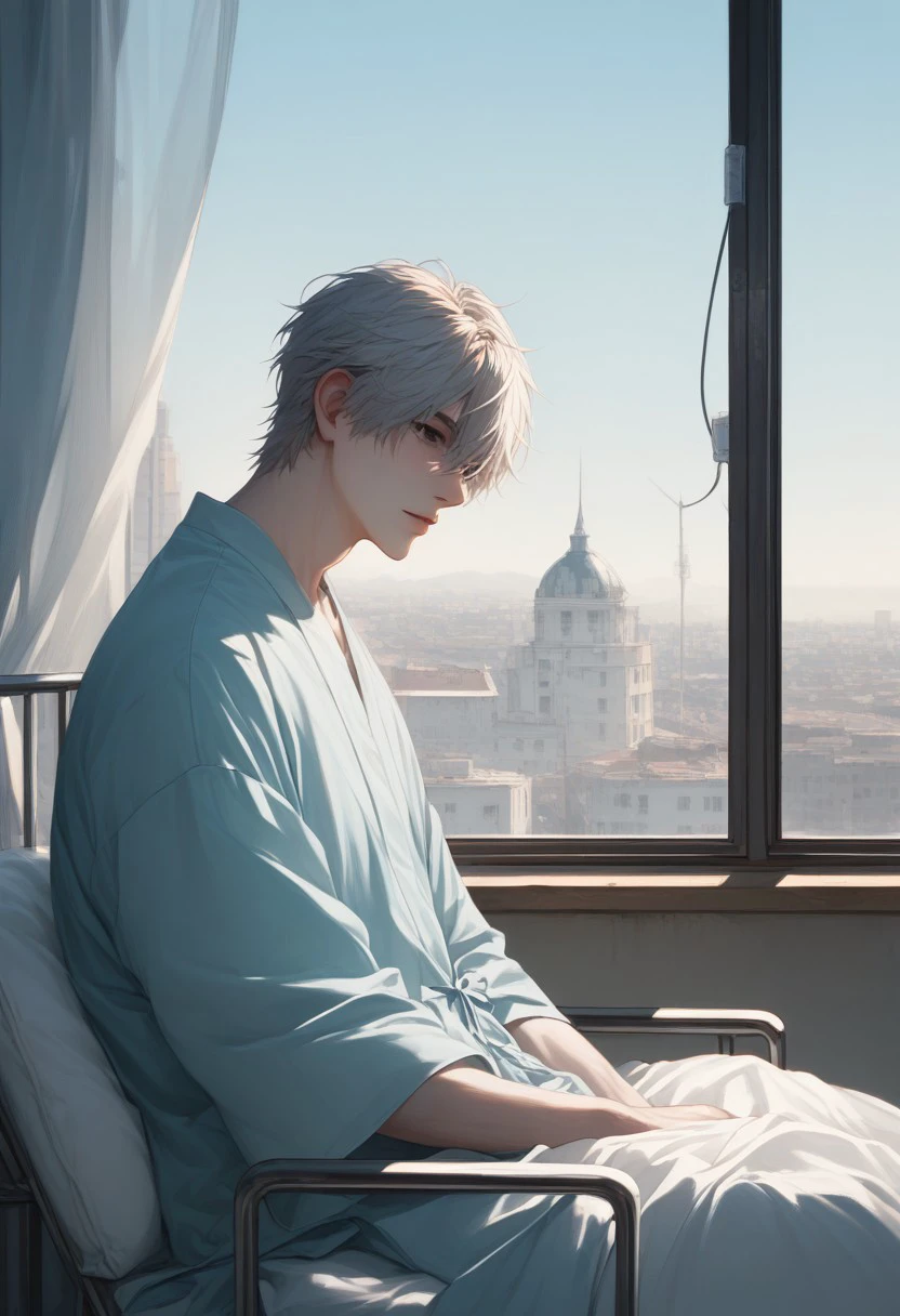 score_9, score_8_up, score_7_up, source_anime, rating_safe, Neucell, black eyes, pale skin, 1boy, male focus, hospital gown, sitting, on hospital bed, hands with five fingers, from side, window, outdoor buildings exterior, clear sky, realistic lighting,