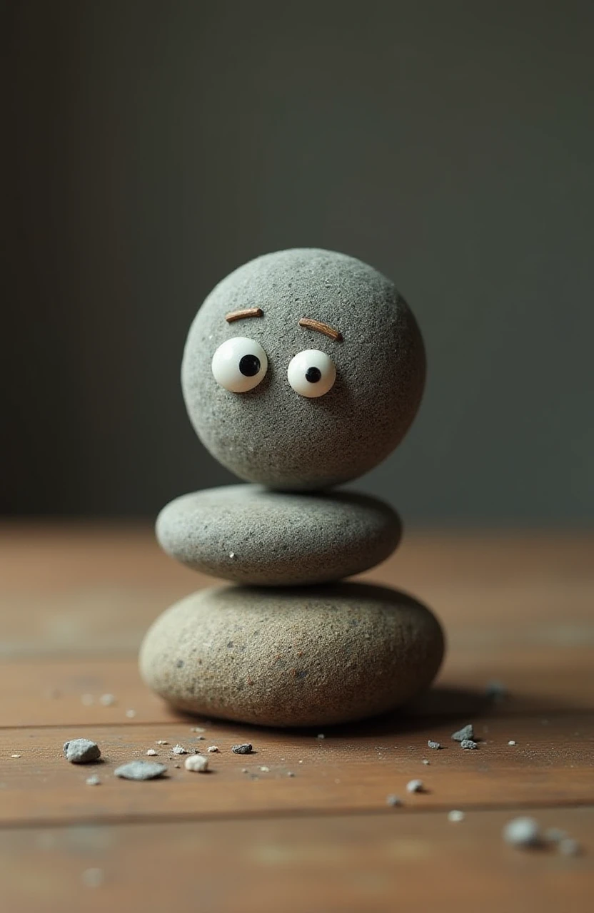 A round rock with 2 eyes attached to a rock on the table and it's about to fall