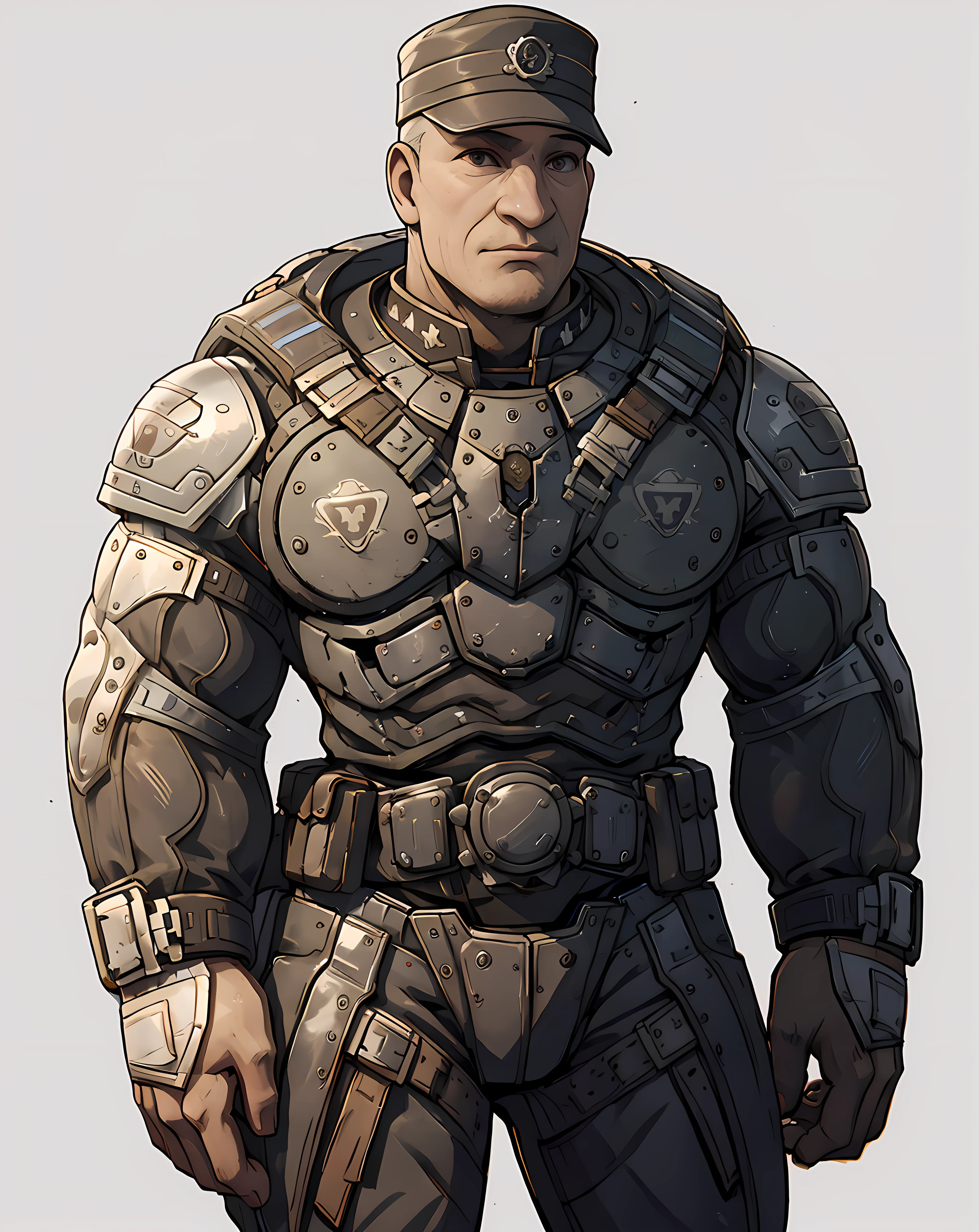 <lora:Victor_Hoffman:0.8> victor_hoffman, armor, simple background, standing, hat