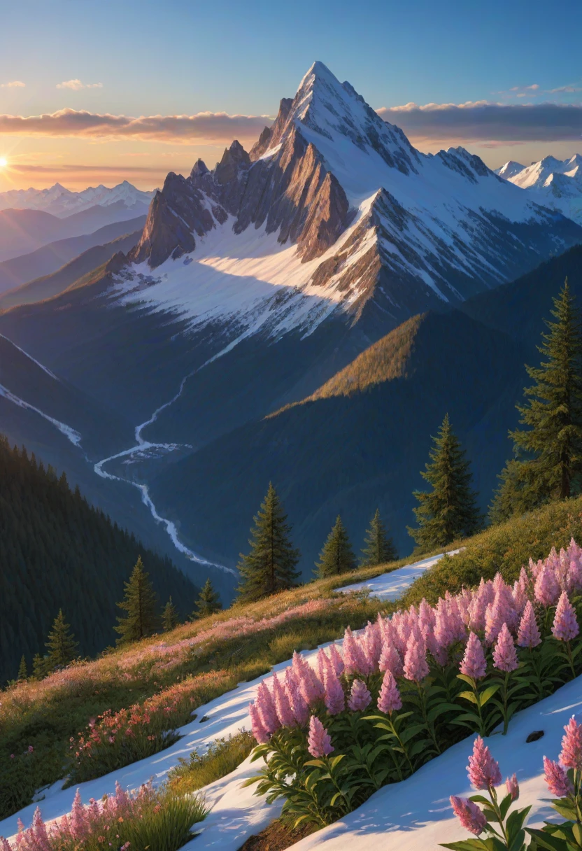 beautiful mountain landscape at dawn, god rays, intricate details, ultrarealistic, hyperrealistic , ((masterpiece)), ((best quality)), 8k, high texture resolution, uhd, hdr, cinematic lighting, valley full of flowers, mountain peaks with snow, majestic sky