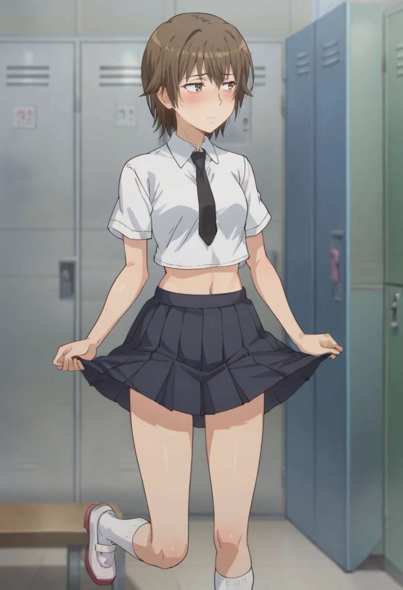 score_9,score_8_up,score_7_up,anime coloring BREAK source_anime,anime,<lora:Harumi_Kiyama_Toaru_Kagaku_no_Railgun:0.8>,hkiyama,1girl,solo,brown hair,short hair,brown eyes,embarrass,blush,skirt grab,locker room,looking away,<lora:Schoolgirl>,Jed-Scolgrl,schoolgirl costume,miniskirt,white blouse,bare midriff,black tie,knee high white socks,white shoes,