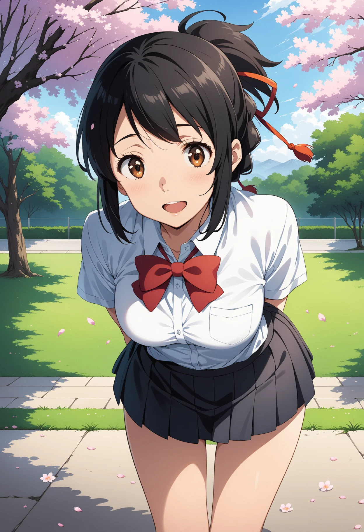 (masterpiece, best quality, very aesthetic, ultra detailed), intricate details, 4k, aamitsuha, black hair, short ponytail, hair ribbon, brown eyes, school uniform, red bowtie, collared shirt, white shirt, short sleeves, pleated skirt, black skirt, <lora:miyamizu_mitsuha_animagine_v1:0.9>, smile, open mouth, standing, cowboy shot, leaning forward, bent over, outdoors, cherry blossoms, petals, arms behind back,