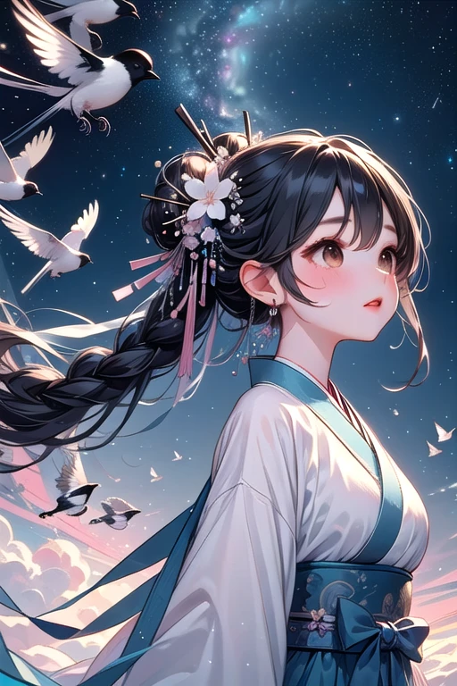 ((magpie bridge)), ((birds flock)), tanabata, cloud, high sky, starry sky, colorful sky, multiple colored hanfu, weaver girl, big breasts, flying, long hair, braids, hair flower, hair ornament, necklace, earrings, floating hair, wind, fog, from below, upper body, close-up, <lora:girllikemagpiebridge:0.8>