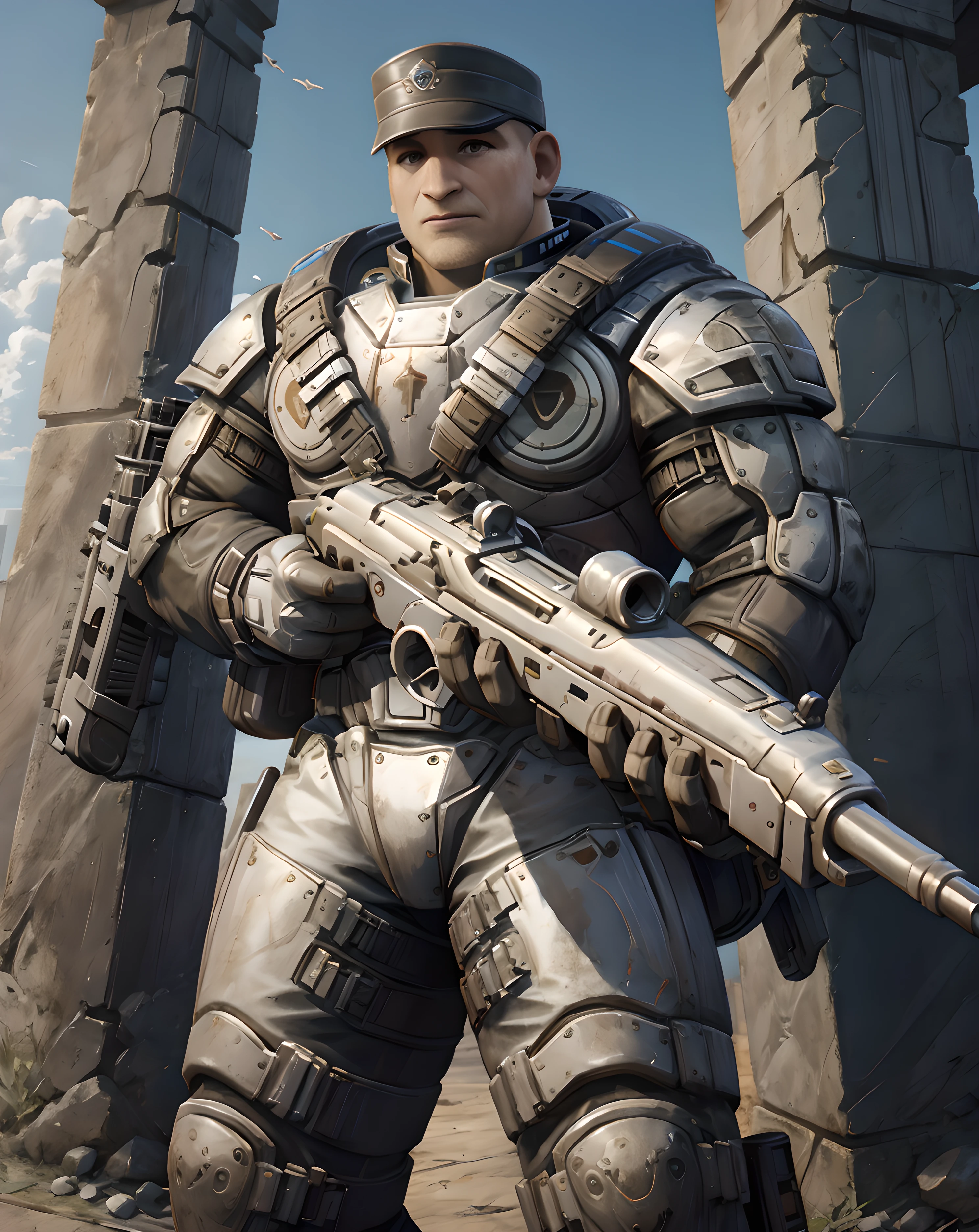 <lora:Victor_Hoffman:0.8> victor_hoffman, armor, ruins, daytime, standing, (white short hair), looking at viewer, hat, muscular, holding gun, assault rifle, trigger discipline