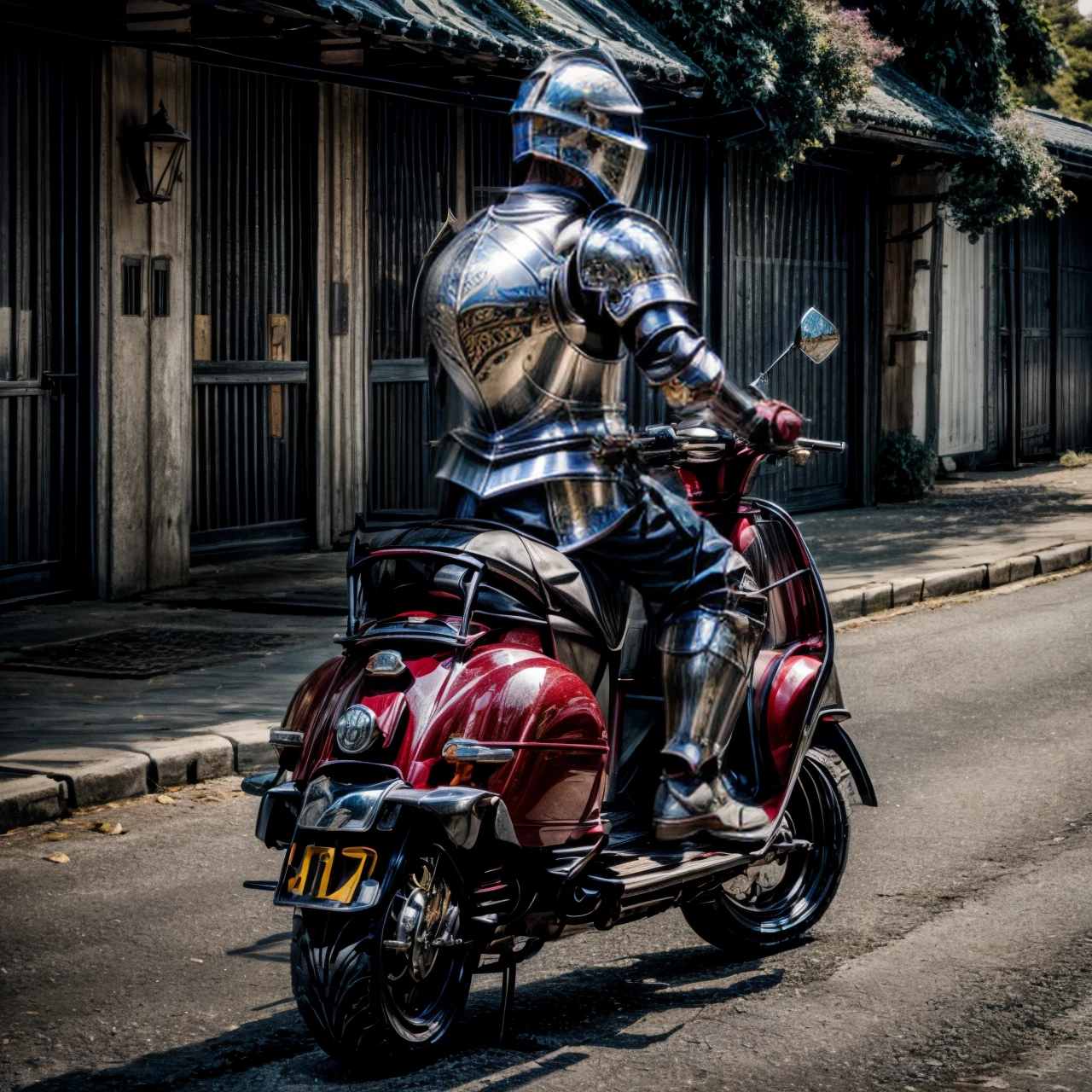 driving, motor vehicle, scooter, <lora:modernknight:0.6>, modernknight, knight, armor, helmet, armored gloves, very detailed, <lora:more_details:0.6>, high quality, highres, masterpiece, best quality, 8k, intricate, detailed, <lora:add_detail:0.6>