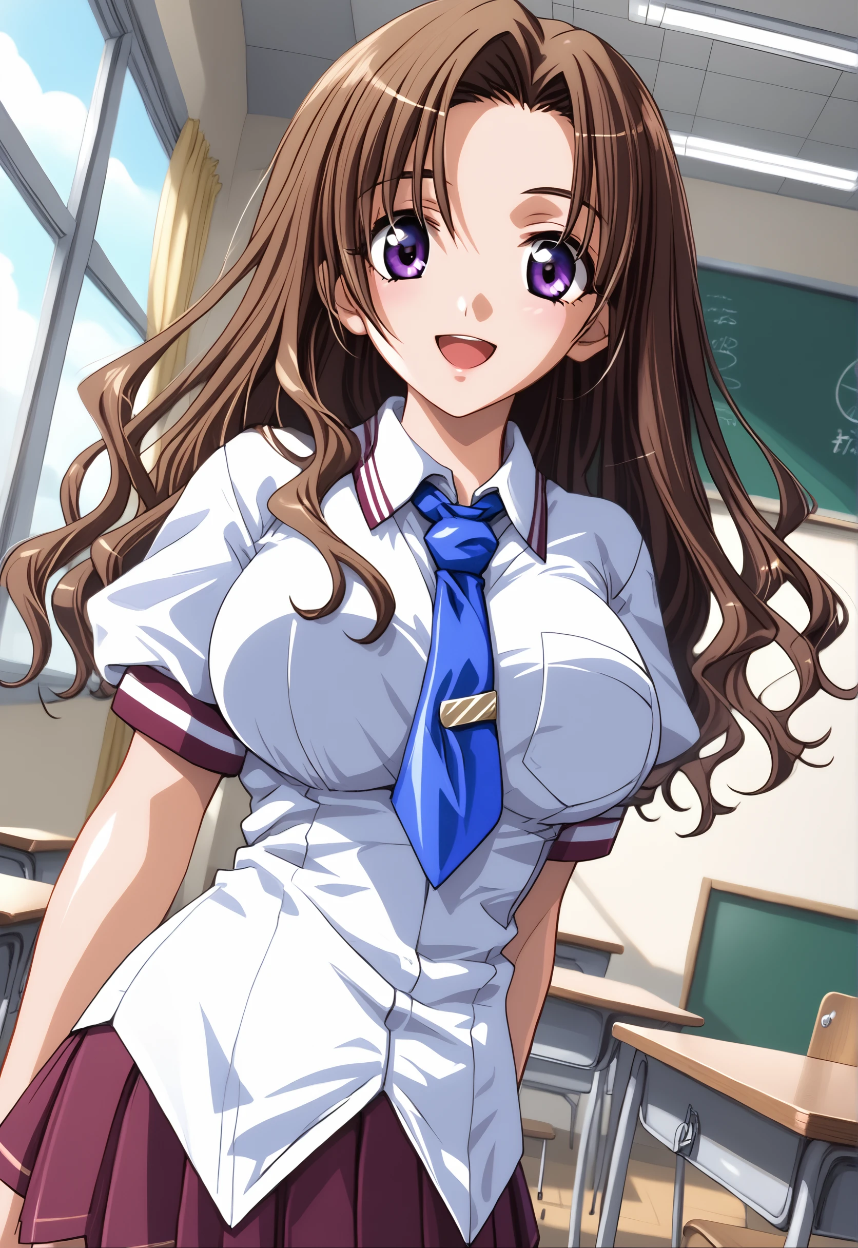 score_9, score_8_up, score_7_up, source_anime, shiny skin, shiny hair, 1girl, solo, indoors, classroom, <lora:ShizutanishionPony_V10:0.9> ShizutanishionPony, long hair,brown hair,wavy hair, purple eyes, large breasts, sexy, glamor, school uniform, blue necktie, white shirt, anime screencap, dutch angle, looking at viewer, smile, open mouth, cowboy shot, 
<lora:3Danimation_Disney_1.0:0.2> <lora:vivid_everclear:0.1> <lora:flat_sdxl:-0.4> <lora:Fixhands_anime_bdsqlsz_V1:1>