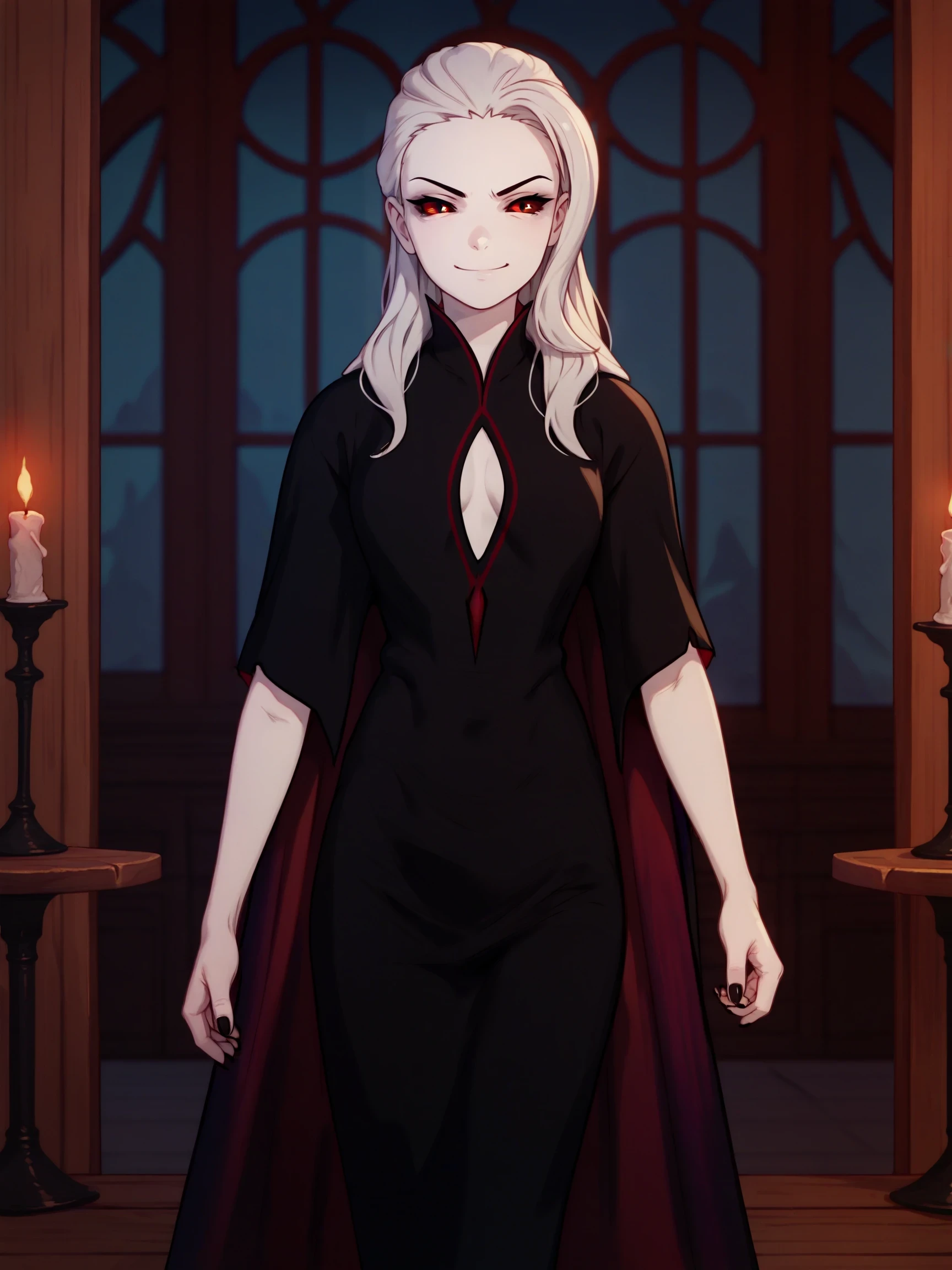 Walking towards viewer, indoors, detailed background, playful smirk,

score_9, score_8_up, score_7_up, , YoungSalem, 1girl, red eyes, black sclera, pale skin, white hair, black nails, black dress, clothing cutout, cape