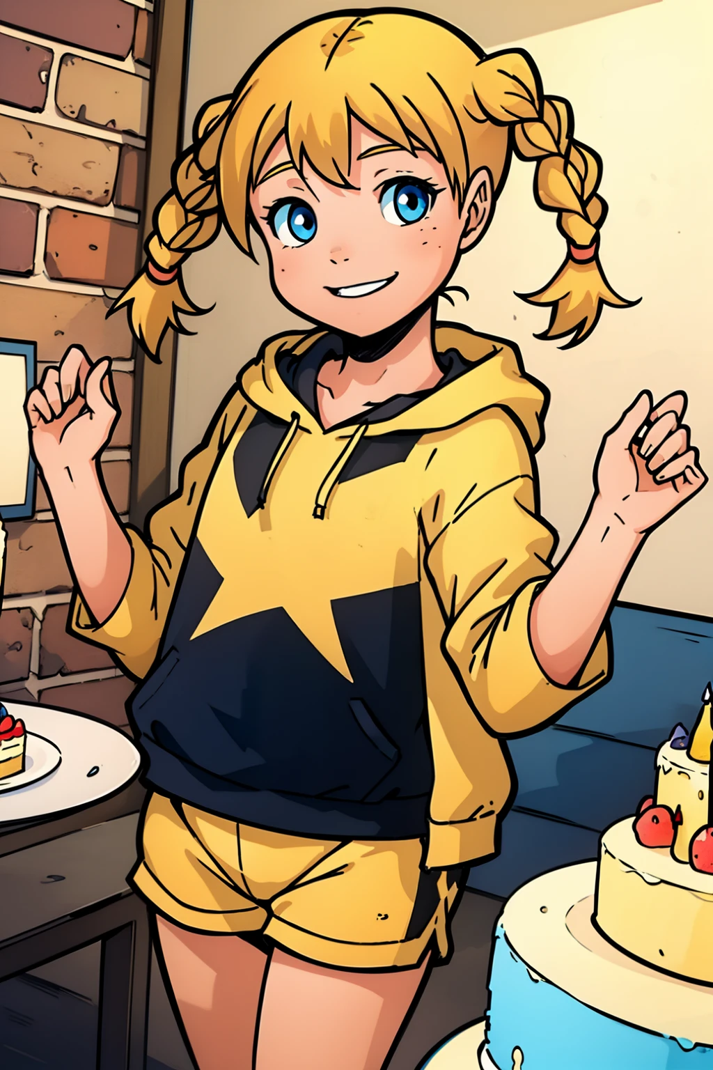 Katie_power ,1girl,solo,celebrating,birthday,cake,happy,blonde hair,twintails,short twintails,twin braids,blue eyes,yellow hoodie,white shorts,smile,looking at viewer,masterpiece,best quality