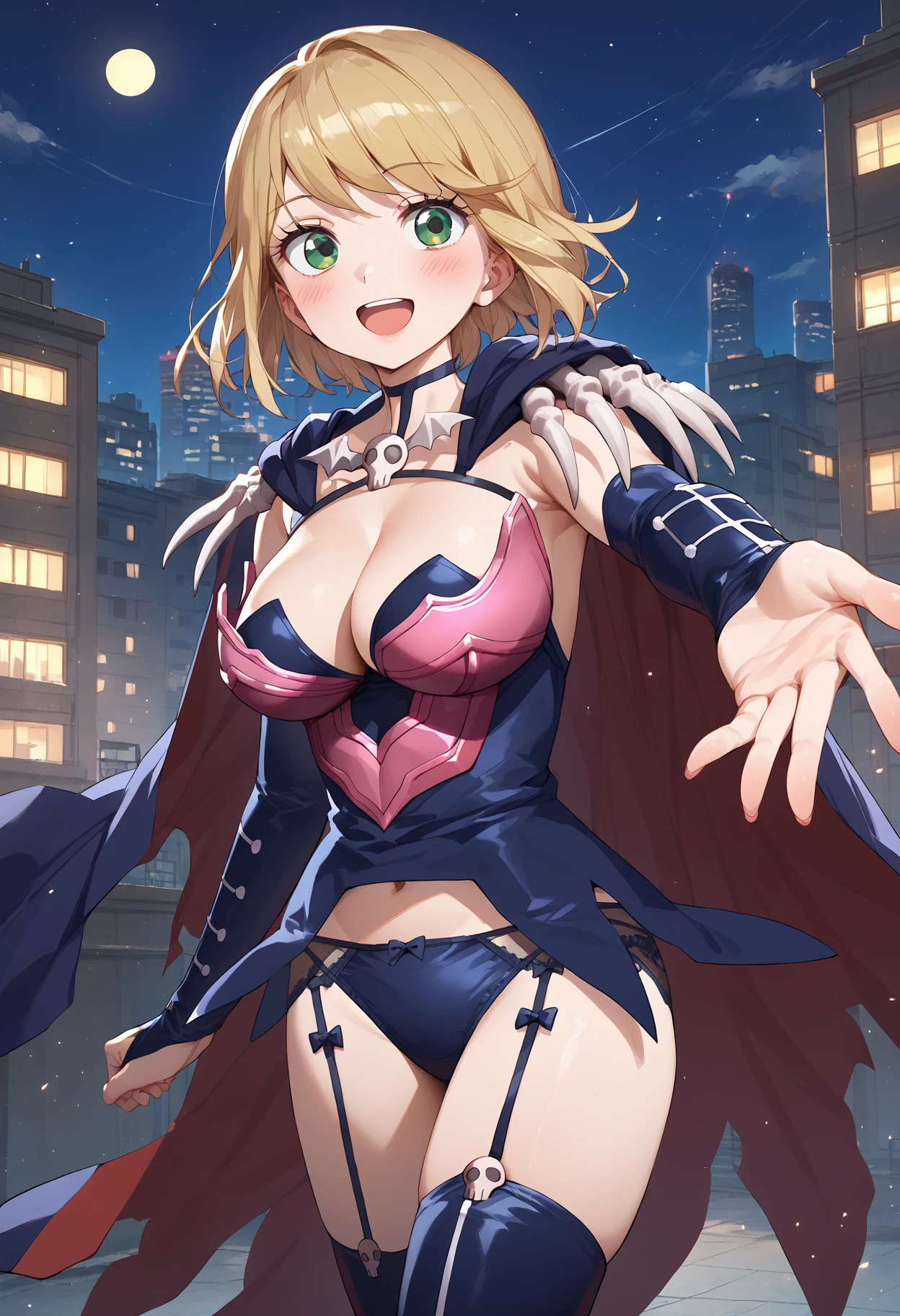 1 girl, alone, desumi magahara, short hair, blonde hair, green eyes, black gloves, pink outfit with black details, cleavage, large breasts, medium waist, wide hips, medium thighs, round butt, cape, boned decorations, up to the elbow gloves, thigh high stockings, thigh high boots, black boots, black suspenders, choker with skull detail, pink leotard with black details, black cape, outdoors, cityscape, leaning, smile, alone, dutch angle, looking to the viewer, from behind, pov (from below), antonia perfection, perfect hands, cowboy shot,