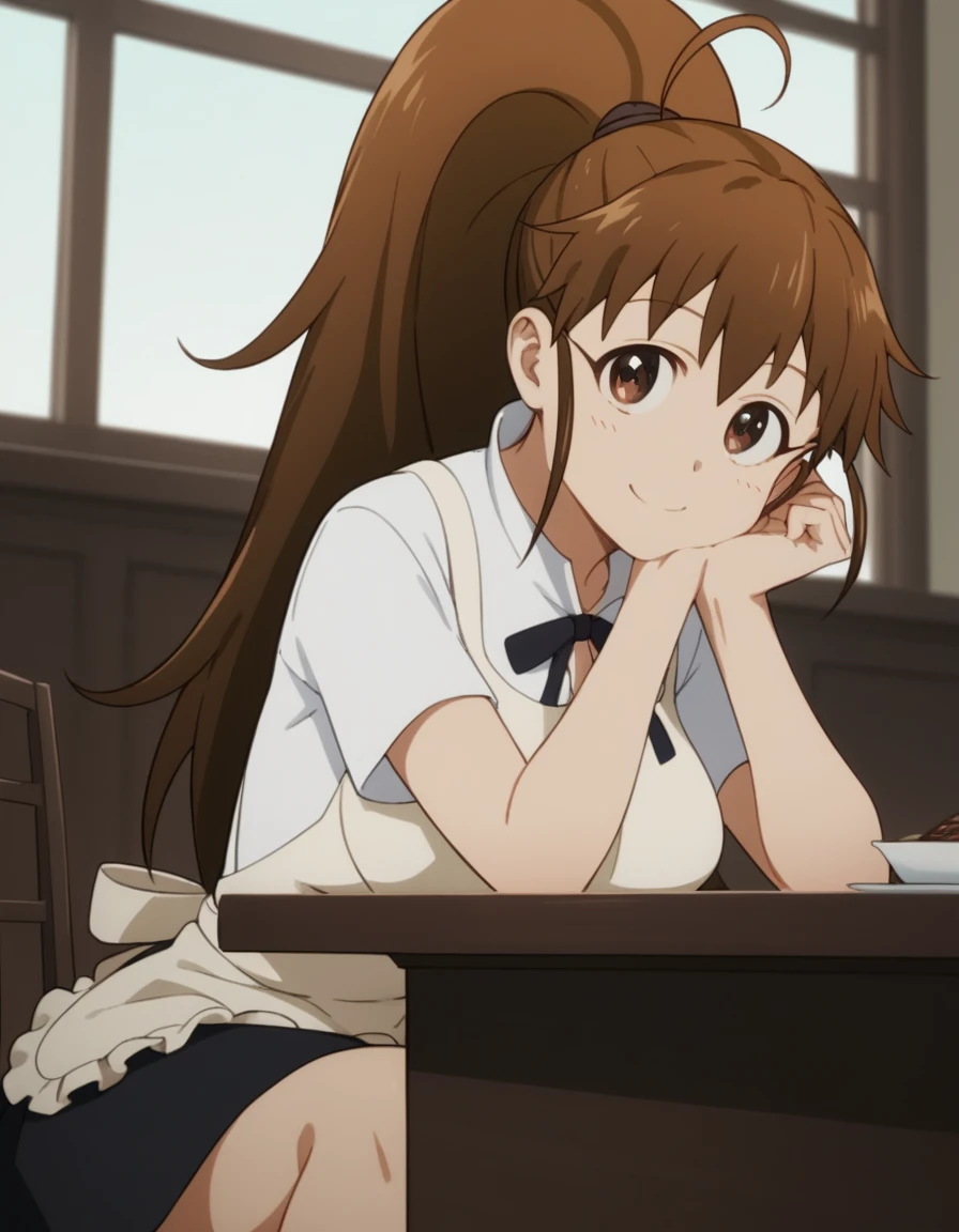 score_9, score_8_up, score_7_up, source_anime, <lora:popura-taneshima-s2-ponyxl-lora-nochekaiser:1>, popura taneshima, long hair, brown hair, brown eyes, ponytail, ahoge, large breasts,, apron, waitress, short sleeves, skirt, black skirt,, indoors, smile, looking at viewer, solo, sitting, head rest, table,, cowboy shot, dutch angle