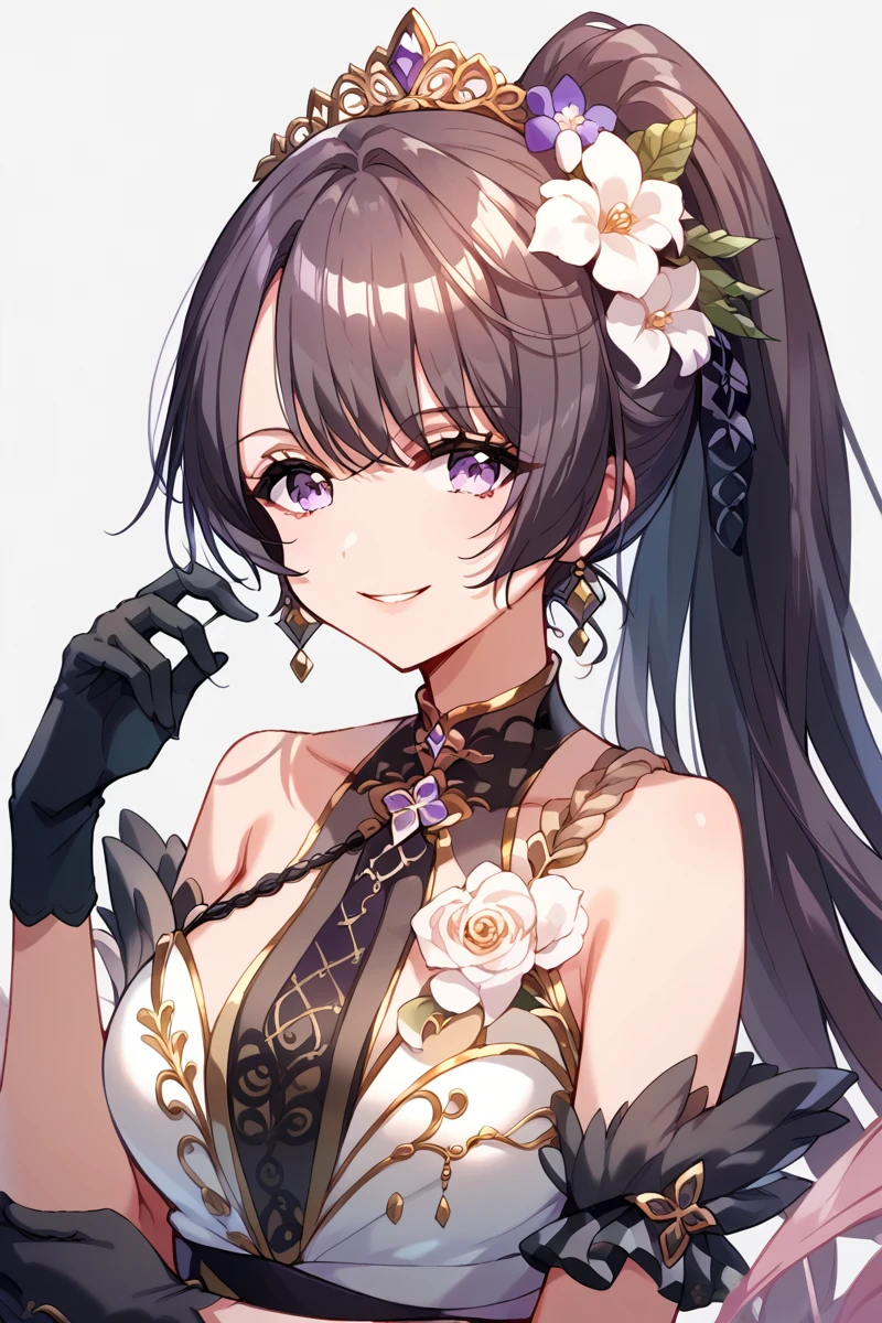 score_9, score_8_up, score_7_up, score_6_up, 1girl,
 <lora:Himegami_Shano:0.9> himegami, solo, gloves, hair ornament, long hair, flower, ponytail, hair flower, black gloves, looking at viewer, purple eyes, smile, tiara, bangs, wheda