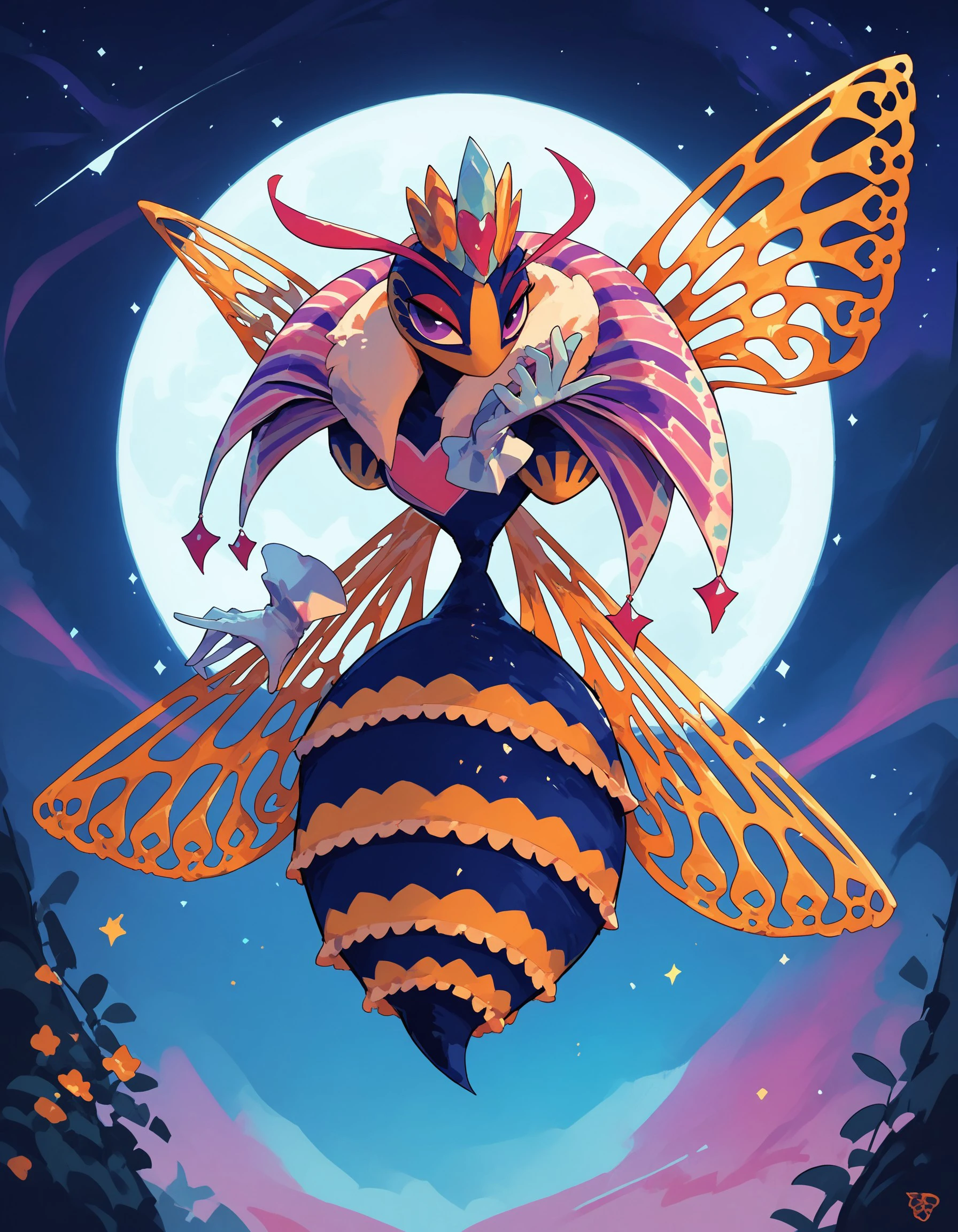 score_9, score_8_up, score_7_up, Queen Sectonia, full body, floating hands, gloves, multicolored skin, insect, arthropod, insect wings, looking at viewer, fur collar, full moon, starry sky, night sky, , <lora:cefaa866-a58e-40ba-a219-79ab392f7d60:0.9>, <lora:ec459fd4-4c27-46b2-bc7b-b2b3c149faba:0.4>, <lora:c01a609d-b84b-4648-b876-5001392c9e57:0.5>, <lora:548a342b-2dc6-440b-abe1-a6ce75213d61:0.9>