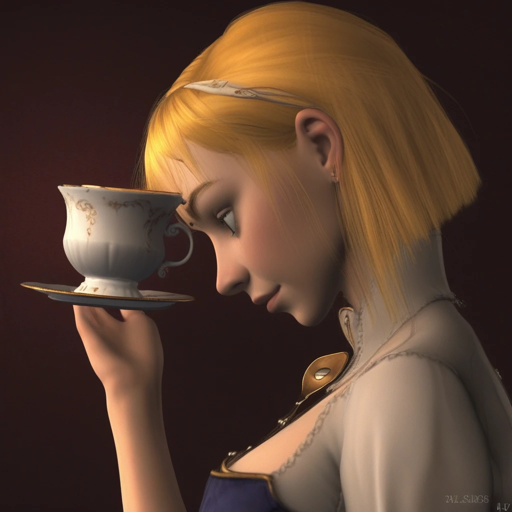 Kelly O'Lenmey looking down at her tea cup with her head leaning on her hand