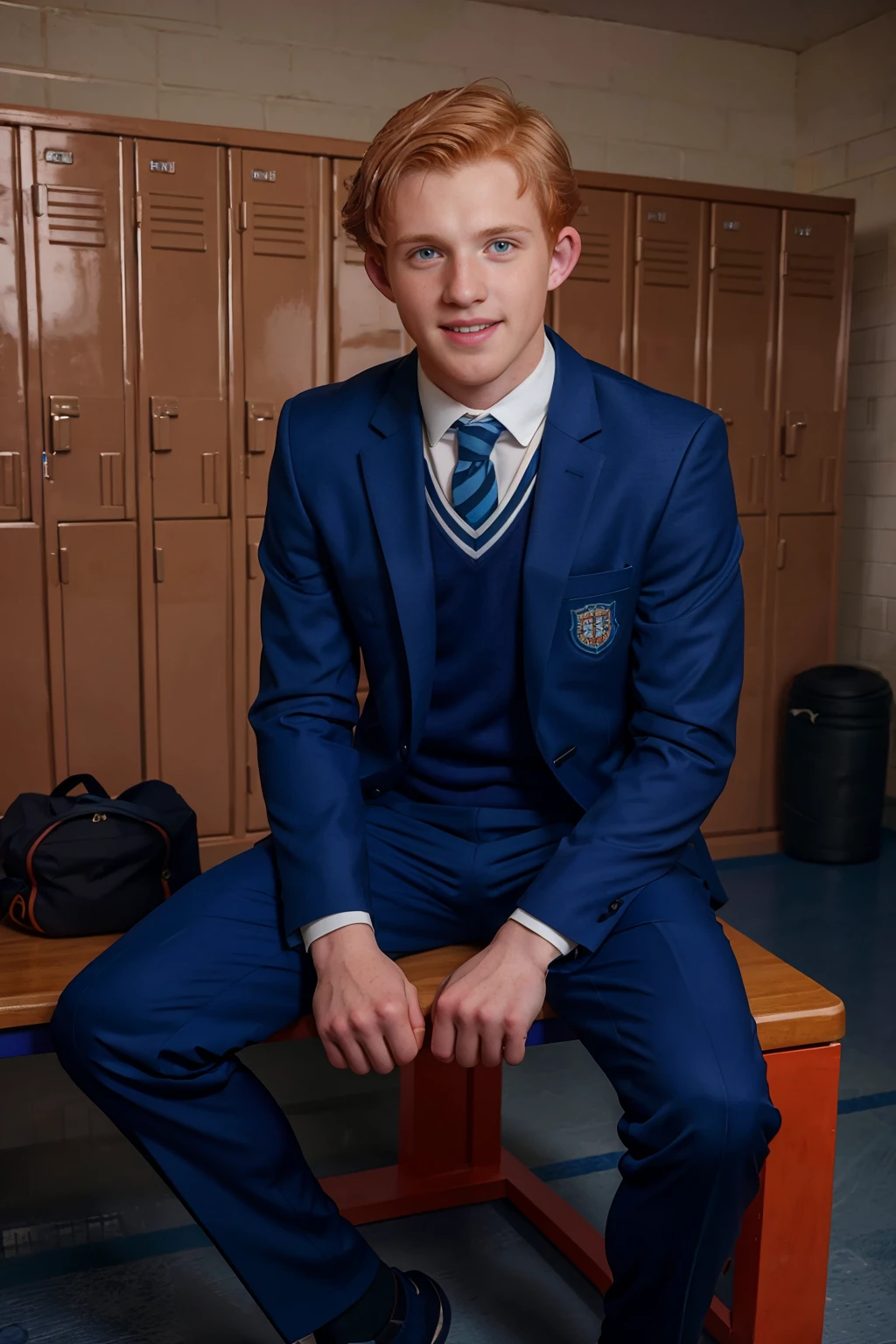 gym locker room of British private school, sitting on locker room bench, ginger hair, smiling, CFReece, wearing heartstopper uniform, slacks, (((full body portrait))), wide angle, (male focus:1.4) <lora:CFReece:0.8>. <lora:heartstopper_lora:0.85>