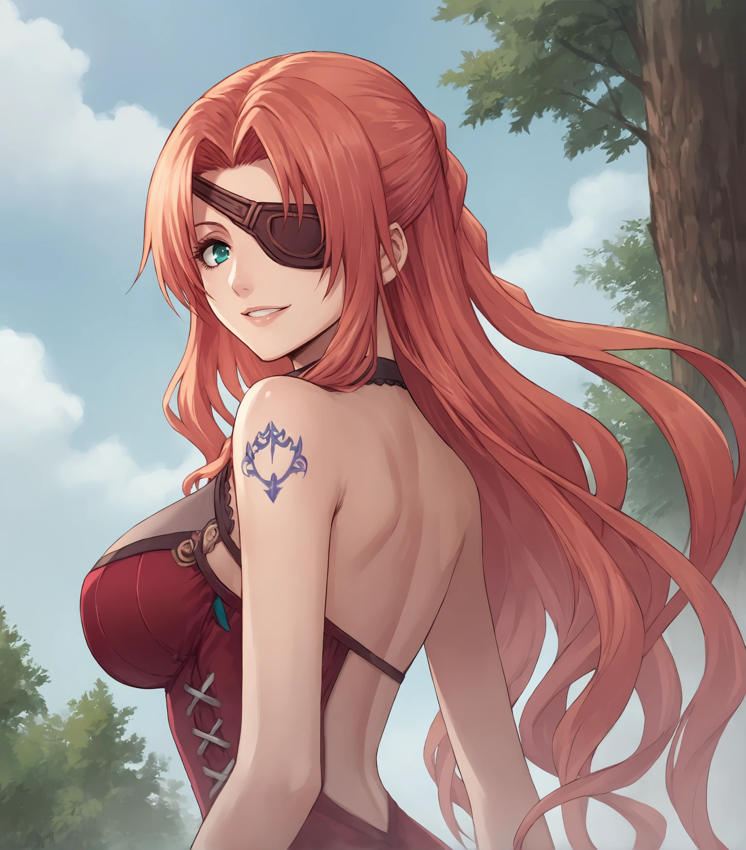 score_9, score_8_up, score_7_up, score_6_up, score_5_up, score_4_up, BREAK source_anime,
1girl, solo, <lora:ScarletCS1:0.9>, Scarlet, aqua eyes, eyepatch, red hair, long hair, hair over shoulder, large breasts, shoulder tattoo, red dress, black miniskirt, thigh boots,
upper body, portrait, looking at viewer, smile,
outdoors, sky, trees,
<lora:LDART_style_pony_v3:0.8>,