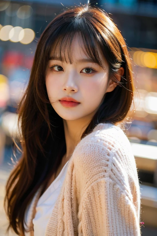 masterpiece, best quality, ultra-detailed, ultra high res, (photorealistic:1.4), raw photo, (realistic:0.2), 8k HDR, realistic lighting, looking at viewer, 1girl, solo, asymmetrical hair, outdoor, sky, (traditional market:1.2), bokeh, (detailed lips), (detailed pores), (detailed skin textures), (detailed face:1.2), (body:1.2), a woman in a cardigan, cowboy shot,