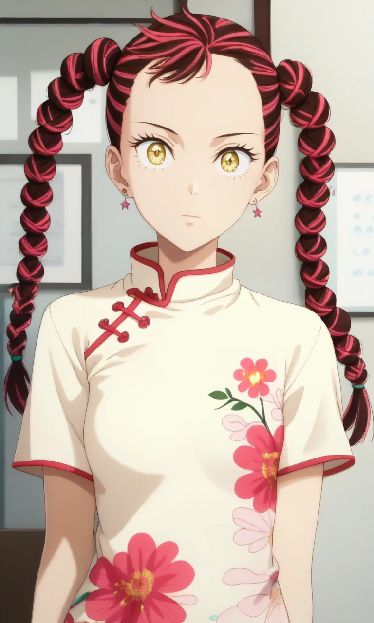 1girl, solo, print_cheongsam <lora:azukiXLpony:1> haru, yellow eyes, red hair, multicolored hair, twin braids, earrings,