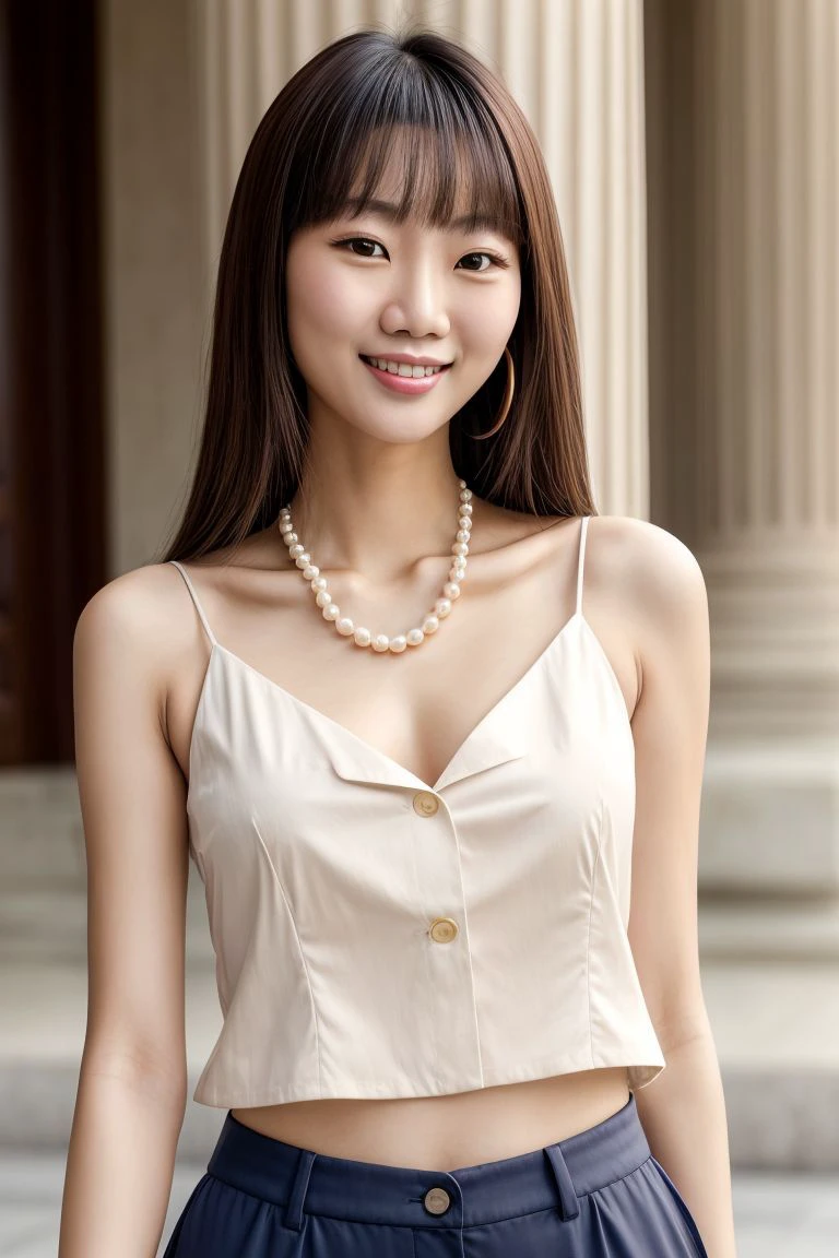 Asian woman, closeup, (shirt), pants, (sunset blvd), pearl necklace , [KM_joanna:KM_joanna], wide shoulders, perfect face, (contact iris: 1.1), pale skin, skin pores , depth of field