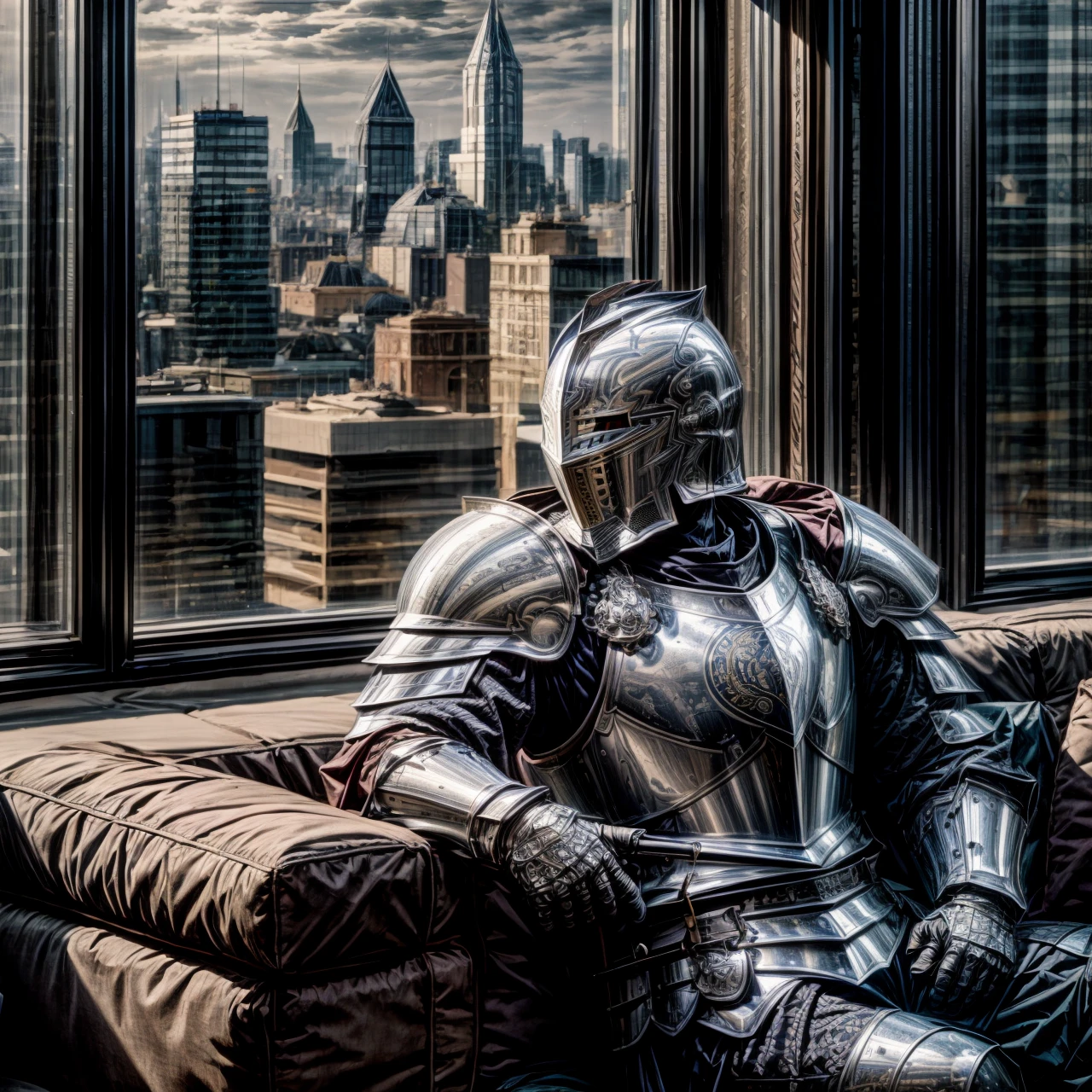 couch, sitting, window, cityscape, <lora:modernknight:0.6>, modernknight, knight, armor, helmet, armored gloves, very detailed, <lora:more_details:0.6>, high quality, highres, masterpiece, best quality, 8k, intricate, detailed, <lora:add_detail:0.6>