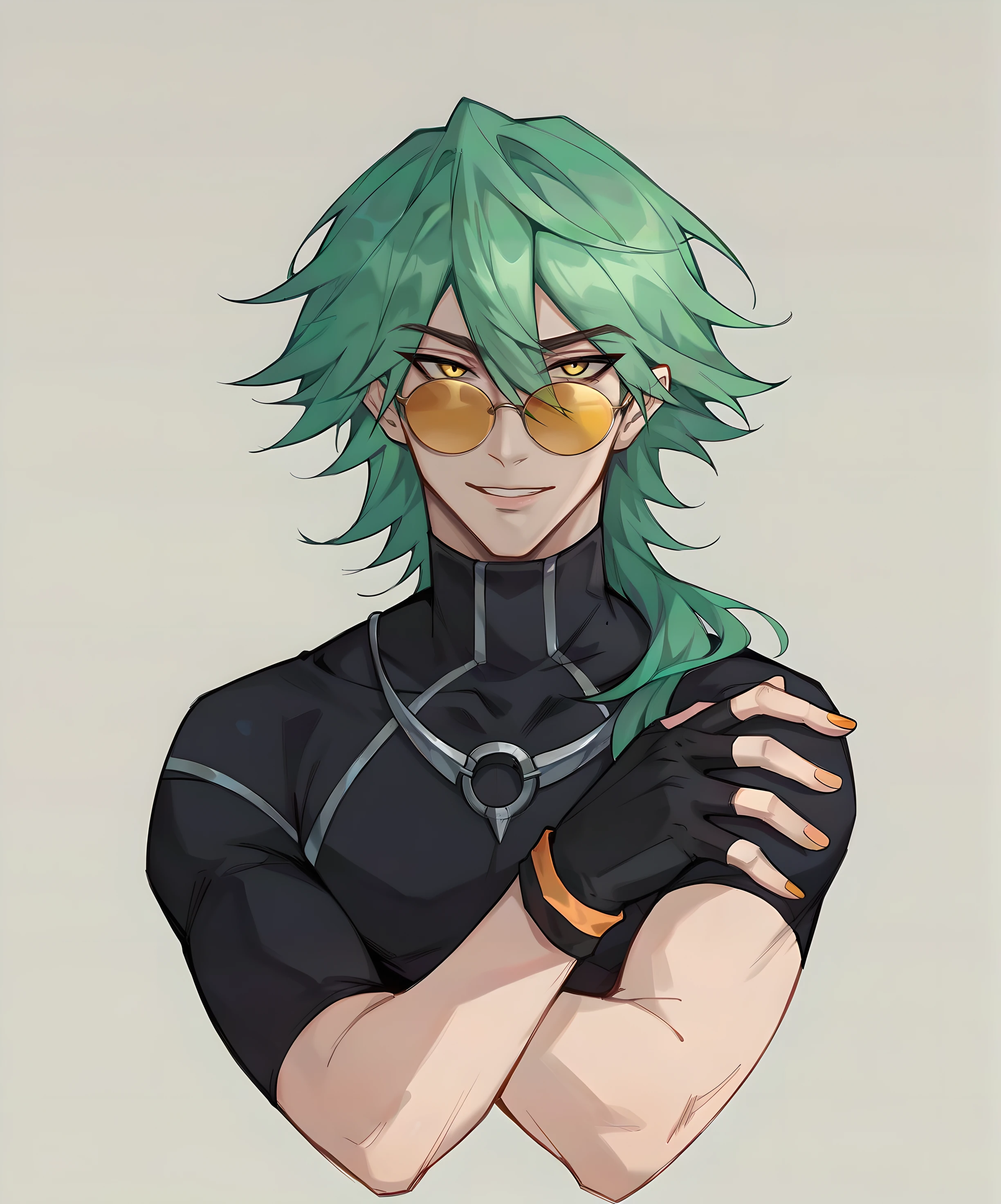 score_9, score_8_up, score_7_up, score_6_up, score_5_up, score_4_up, best quality, masterpiece, super detailed, extreme detailed, 1boy, ezr3al hs, male focus, gloves, fingerless gloves, green hair, long hair, yellow eyes, solo, bangs, hair between eyes, <lora:Ezreal_Heartsteel_Pony_r1:0.8>, sunglasses, orange-tinted eyewear, tinted eyewear