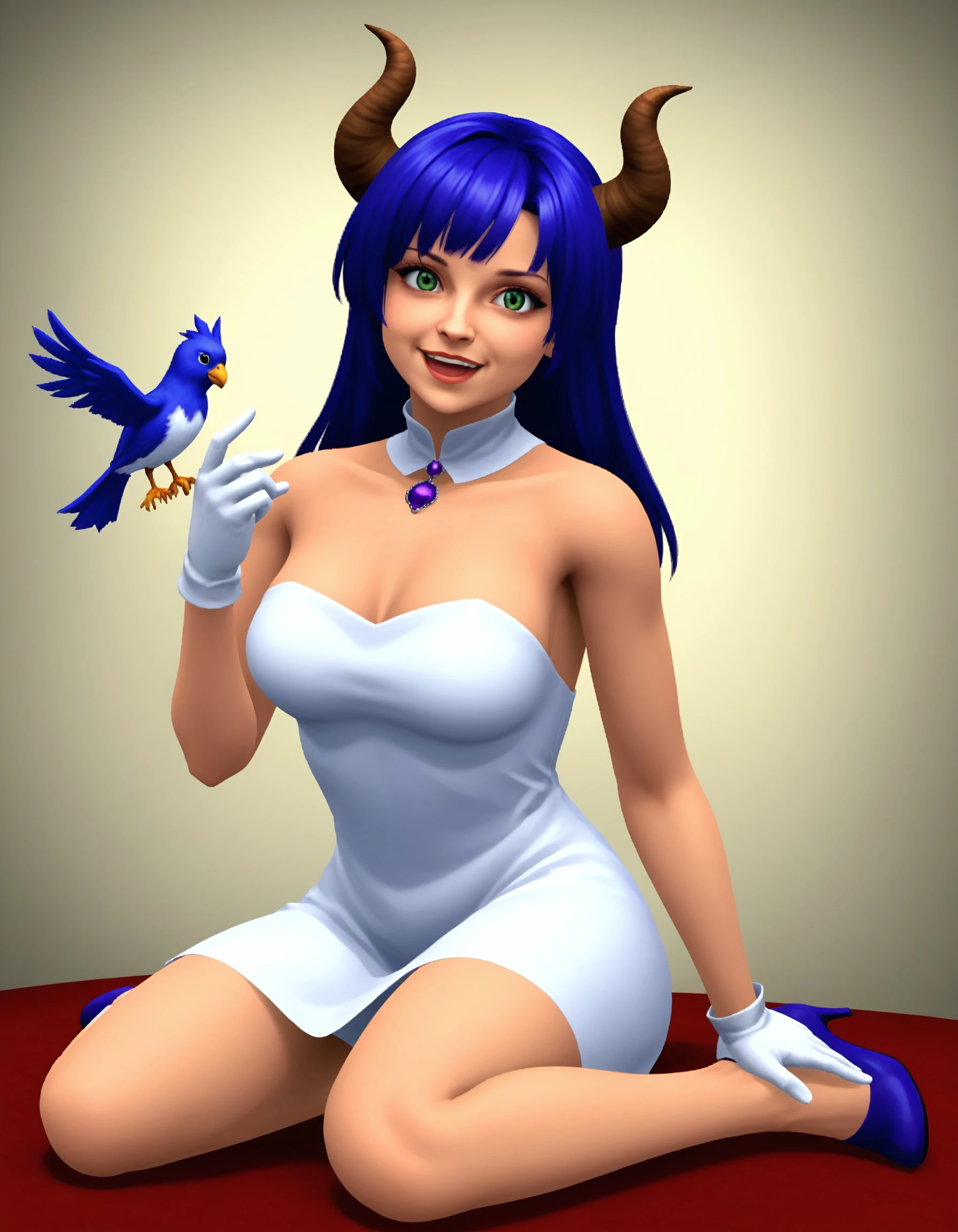 PS2 retro, 1girl, long_hair, dress, solo, gloves, sitting, blue_footwear, smile, high_heels, virtual_youtuber, bird, green_eyes, breasts, open_mouth, looking_at_viewer, white_gloves, horns, blue_hair, bangs, strapless, white_dress, full_body, hair_between_eyes, purple_hair, reaching_towards_viewer, strapless_dress, holding, hair_ornament, purple_footwear, :d, medium_breasts, character focus, low-poly, detailed pixelated textures, simple lighting, high contrast, minimal shading, single character, solo, sharp edges, vibrant yet muted colors, expressive features, PS2 Style, <lora:48df5d29-89be-4b6b-9206-cf58cae20b63:0.8>