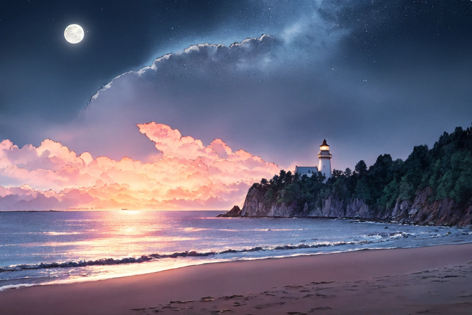 masterpiece, ultra-detailed, best quality, illustration, 8k cg wallpaper, an extremely delicate and beautiful, stunning landscape, beach, lighthouse, moon, stars, clouds, intricately detailed items in background, <lora:TPK:1>