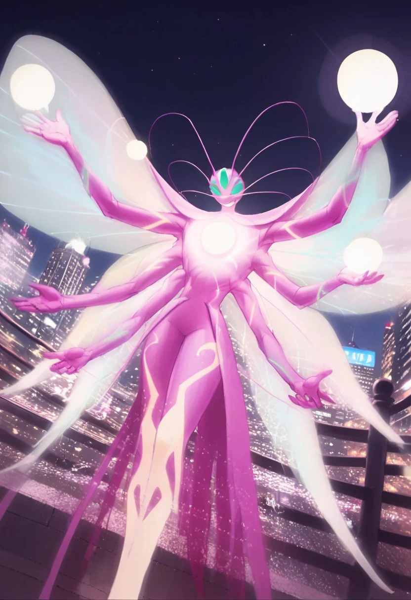 BREAK score_9, score_8_up, score_7_up, source_anime, (seen from afar), 1girl, gimmi_reality, anthro, pink skin, 4 wings, 5 eyes, turquoise eyes, 4 antennas, 6 hands, night, (city ​​in the background),