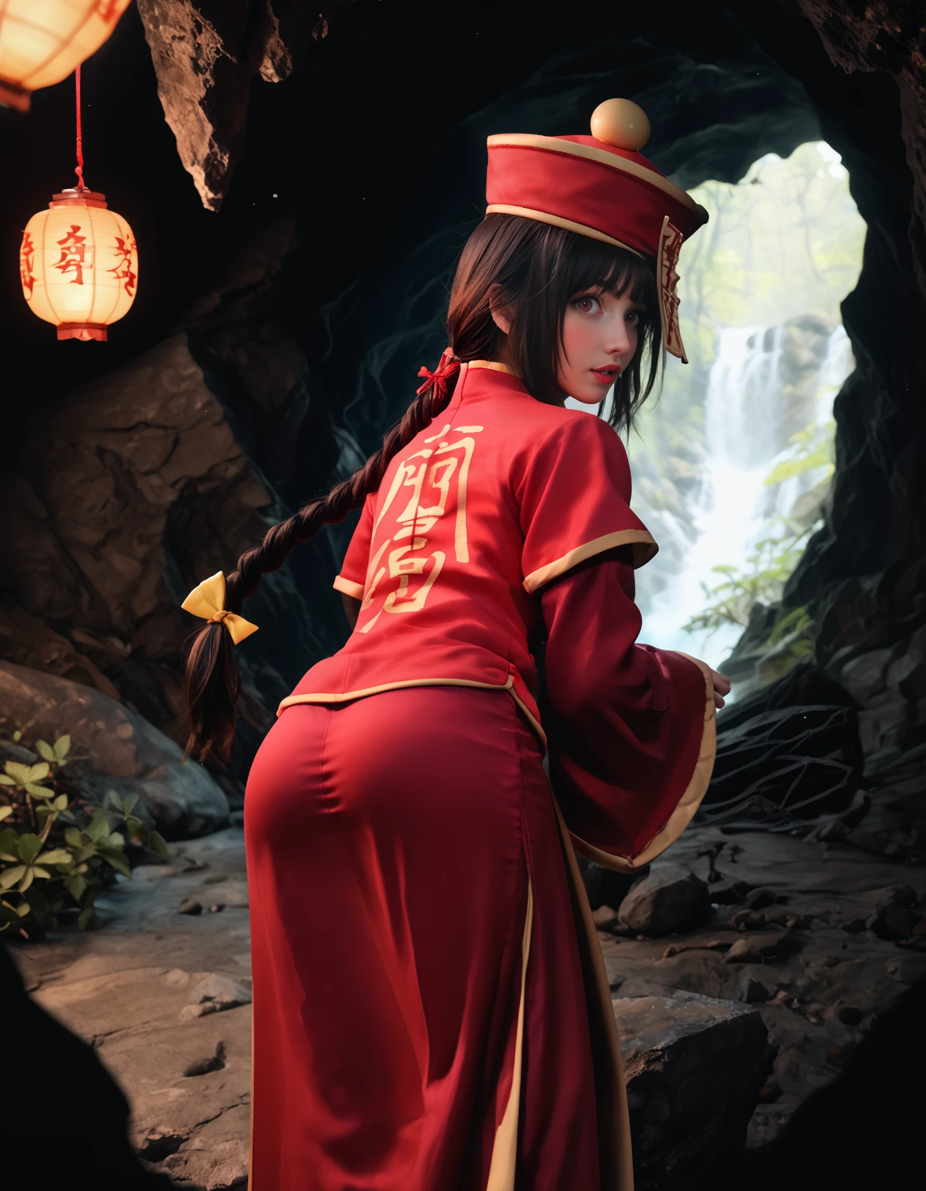 score_9, score_8_up, score_7_up, realistic lighting, realistic, photorealistic,  MUN4K, 1girl, from behind, looking back, looking at viewer, standing, bent over, blush, surprised, cute,
brown hair, single braid, long hair, red eyes, jiangshi, qing guanmao, ofuda, chinese clothes, wide sleeves, sleeves past wrists, ass, ass under clothes,
dark cave, cave interior, ragnarok online,