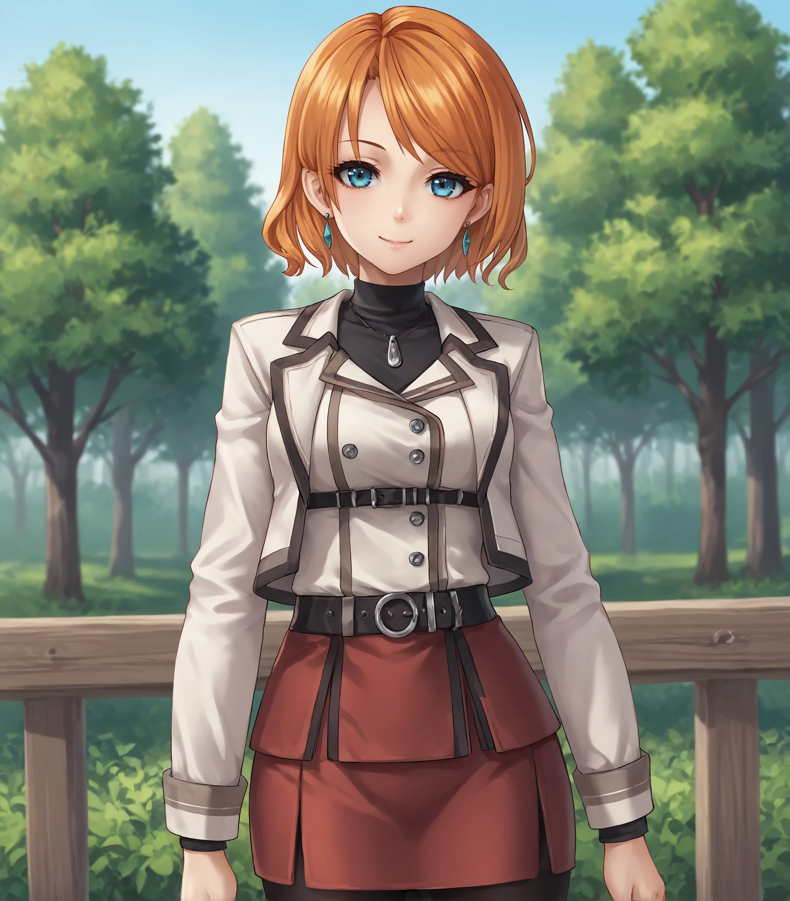 score_9, score_8_up, score_7_up, score_6_up, score_5_up, score_4_up, BREAK source_anime,
1girl, solo, <lora:KaelaMacMillan:0.9>, Kaela MacMillan, short hair, orange hair, blue eyes, medium breasts, earrings, black pantyhose, red miniskirt, red skirt, tight skirt, white jacket, white high heels,,
upper body, portrait, looking at viewer, smile, outdoors, sky, trees,
<lora:Racoonkun_Artist_Style:0.6>, racoonsan,,